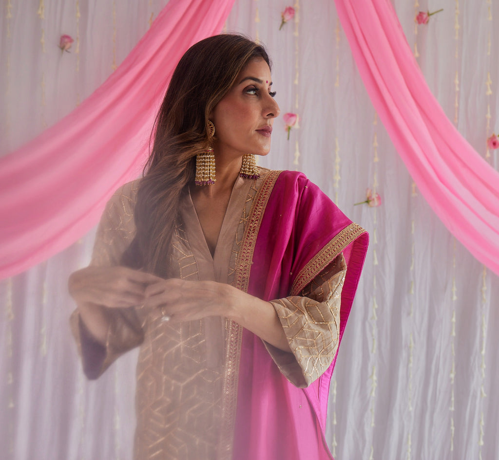 Kaftan in Pearl Beige Octa Gota Chanderi with Pants