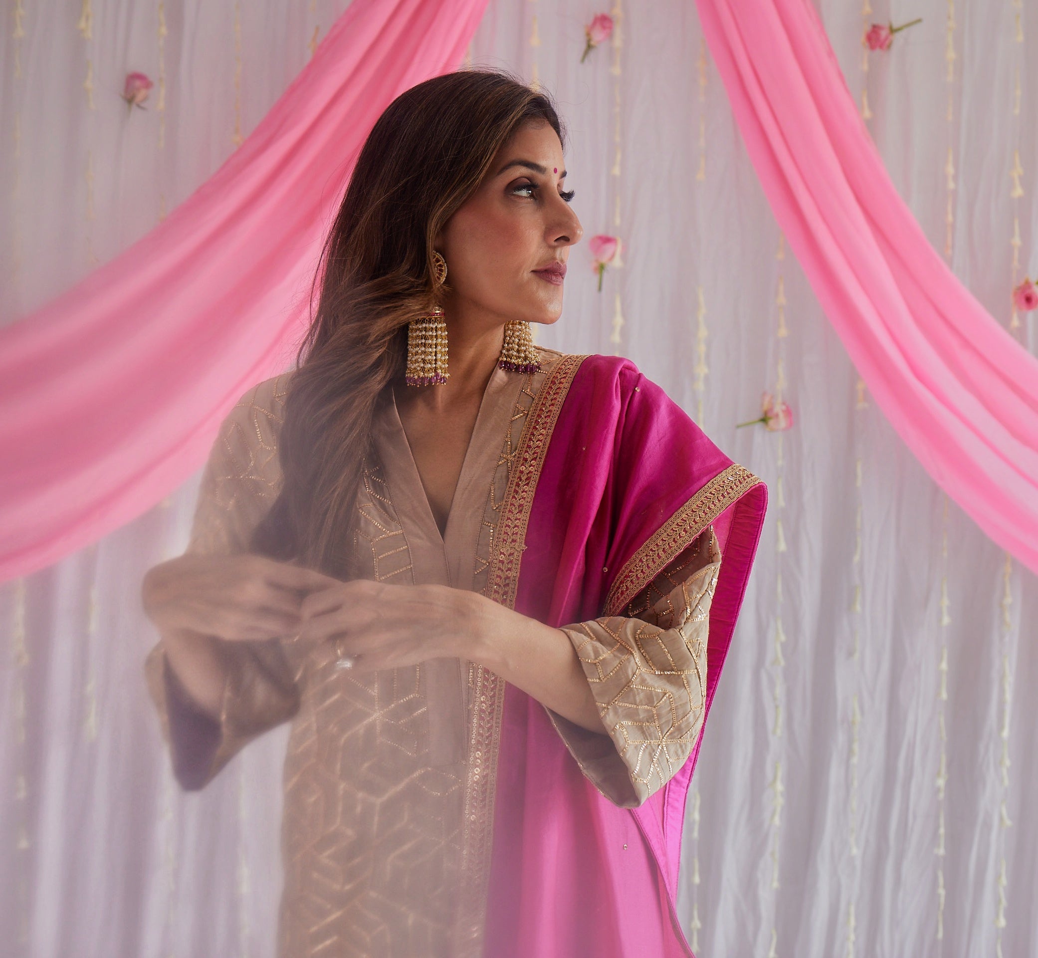 Kaftan in Pearl Beige Octa Gota Chanderi with Pants