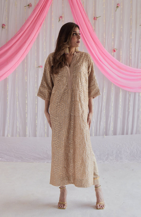 Kaftan in Pearl Beige Octa Gota Chanderi with Pants