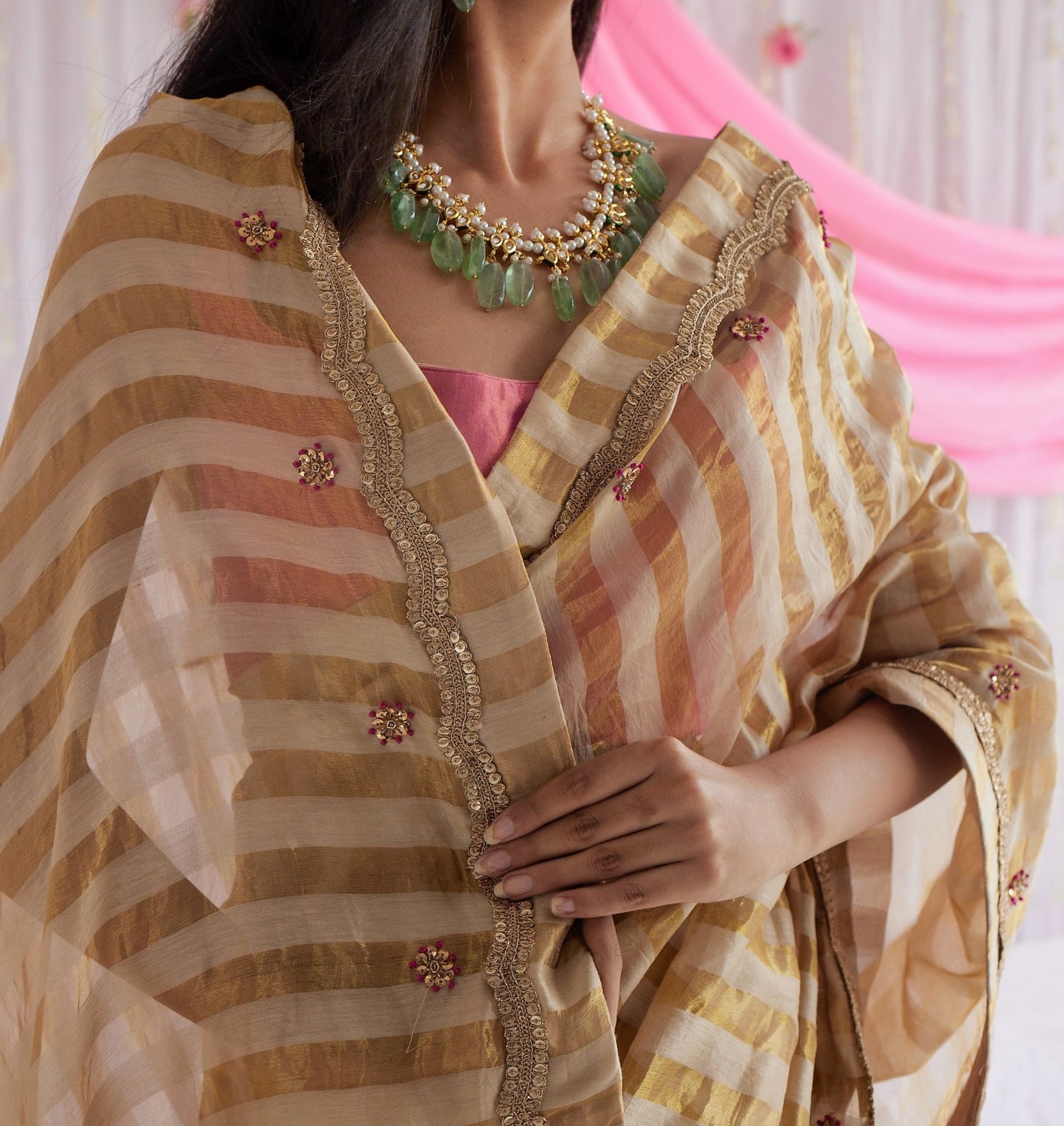 Sari in Pearl Beige Tissue Stripes Chanderi