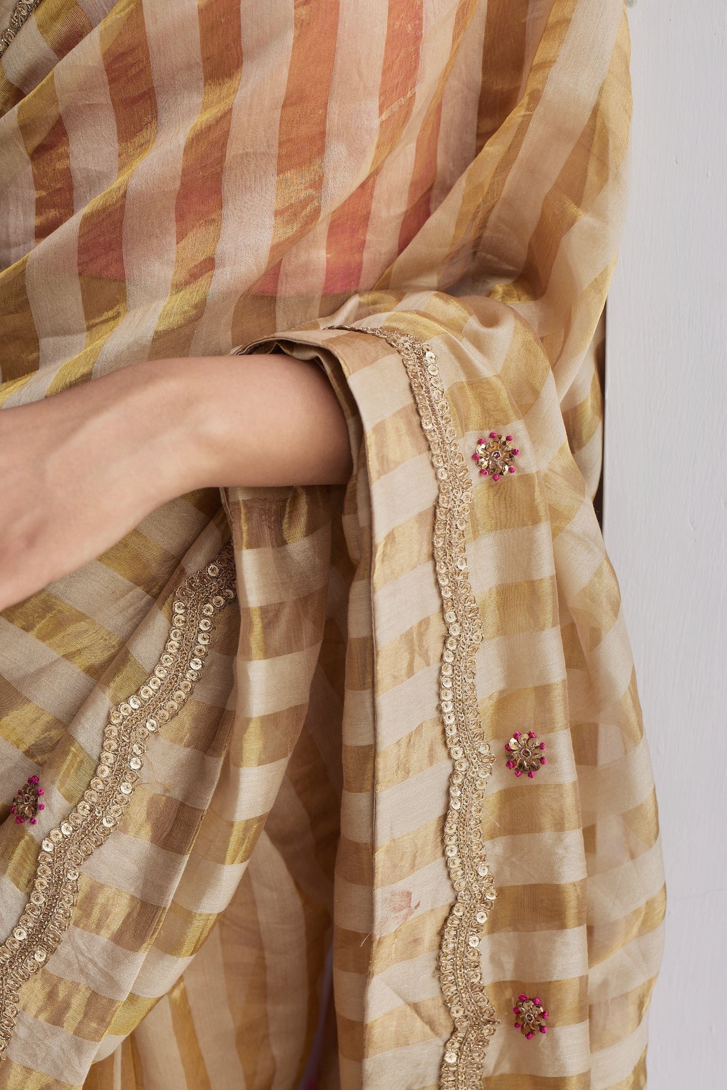 Sari in Pearl Beige Tissue Stripes Chanderi