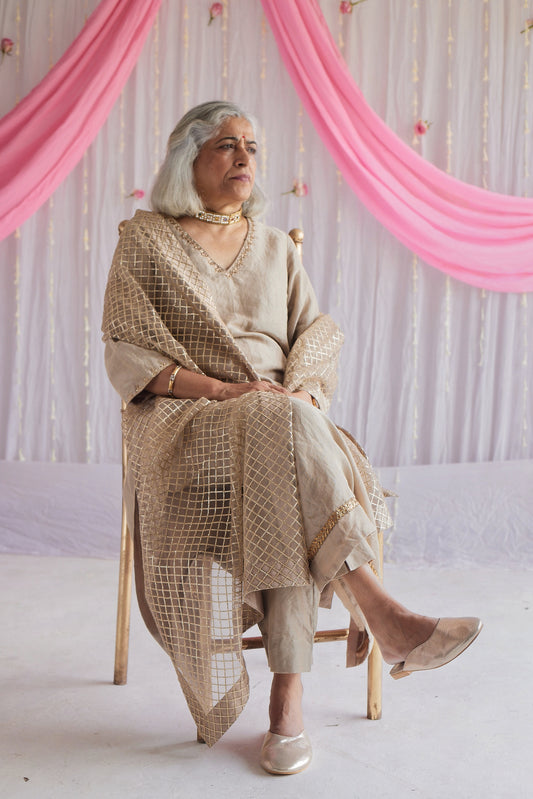 Anu Kurta in Pearl Beige Tissue with Pants and Dupatta