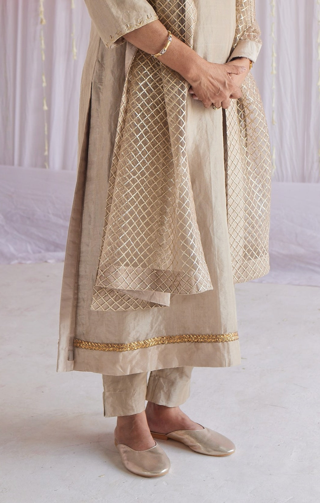 Dupatta in Pearl Beige Gota Net