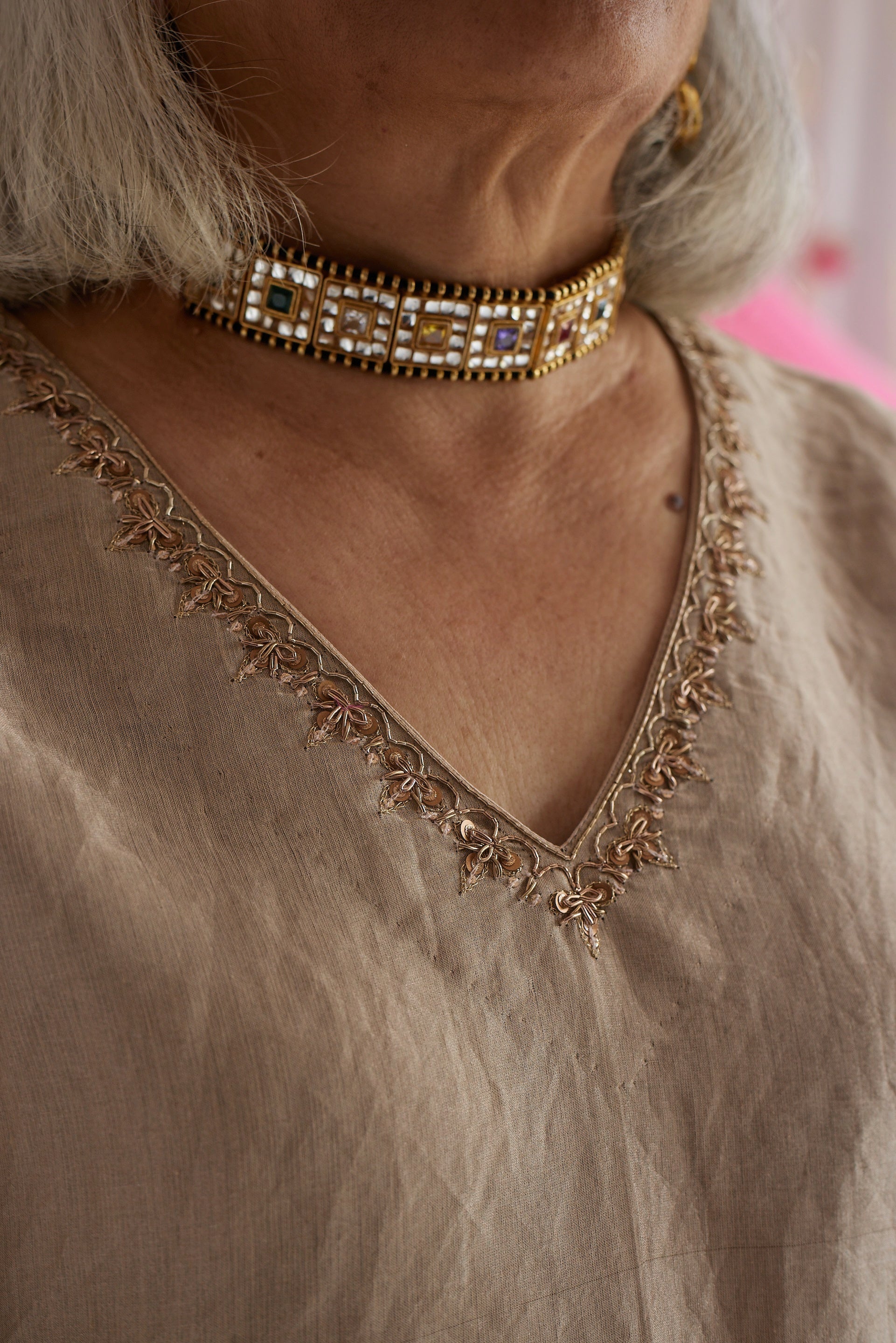 Anu Kurta in Pearl Beige Tissue with Pants.