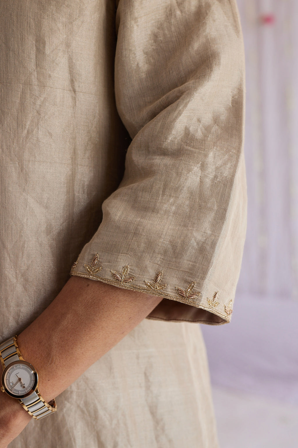 Anu Kurta in Pearl Beige Tissue with Pants.