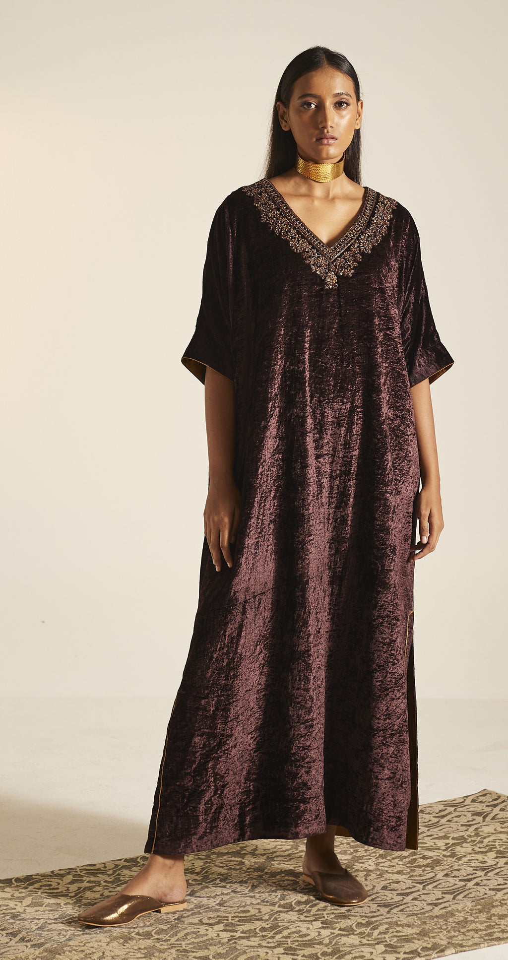 Shahi Kaftan in Wine Velvet
