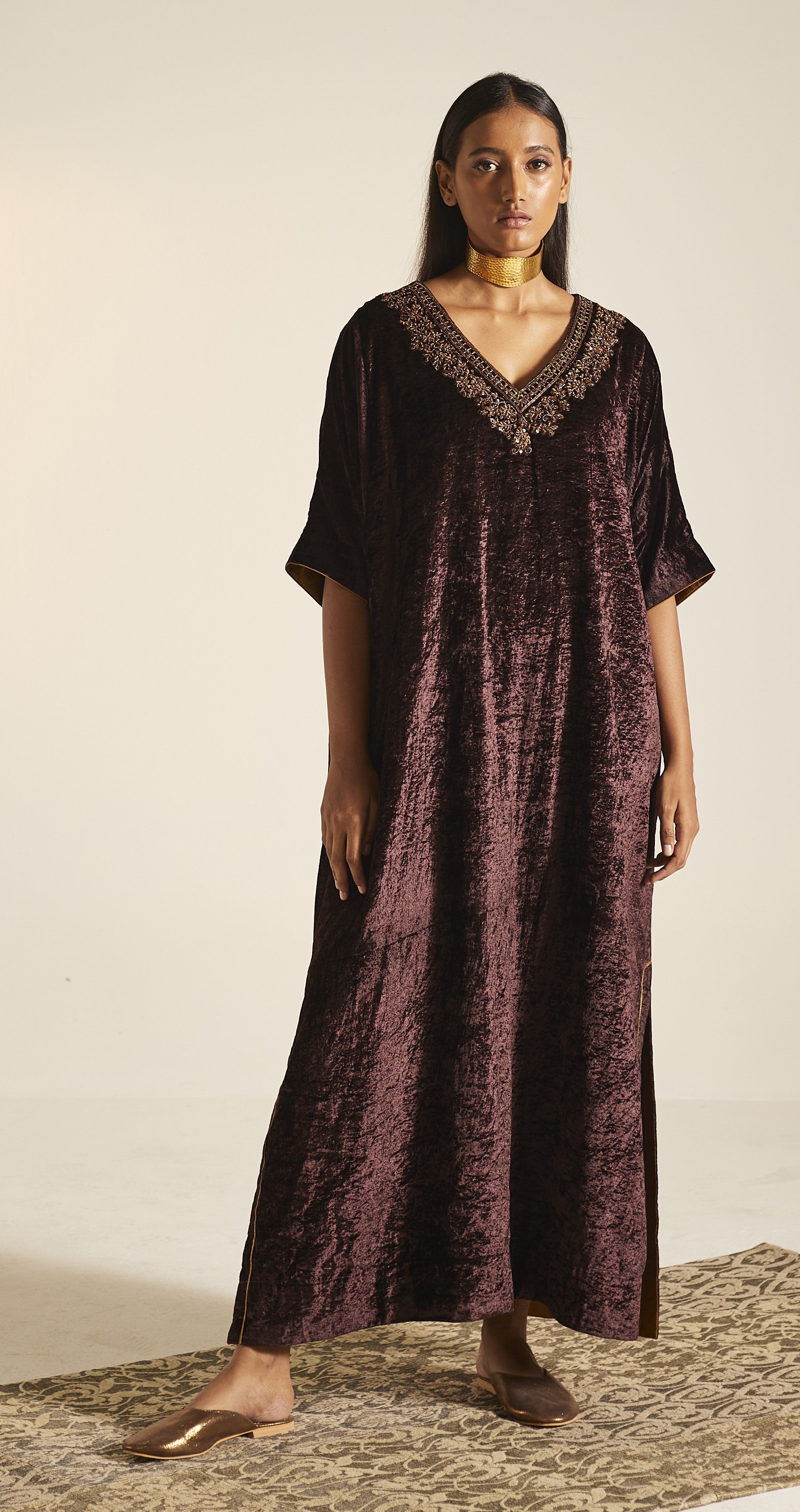 Shahi Kaftan in Wine Velvet
