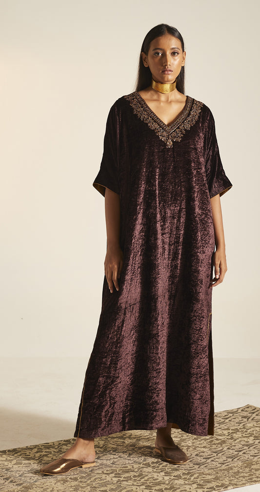 Shahi Kaftan in Wine Velvet