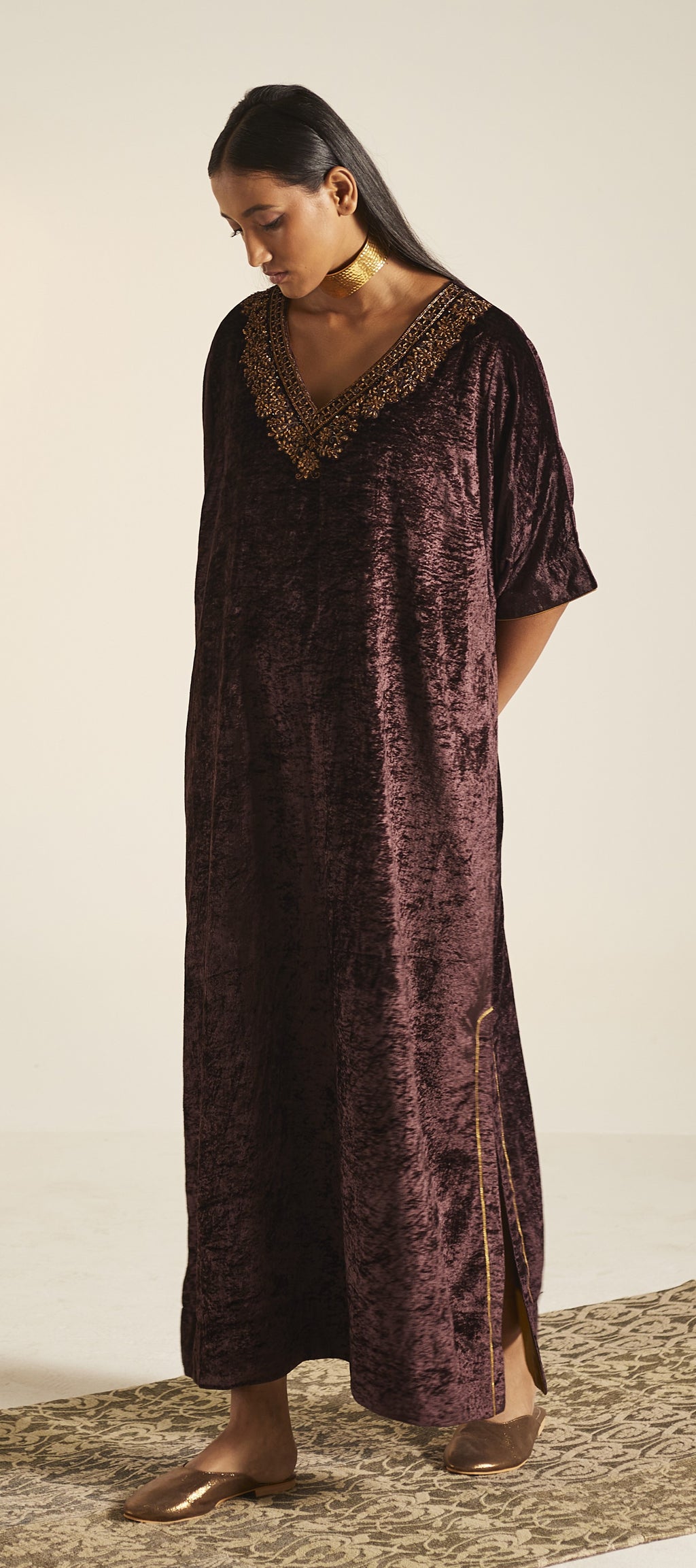 Shahi Kaftan in Wine Velvet