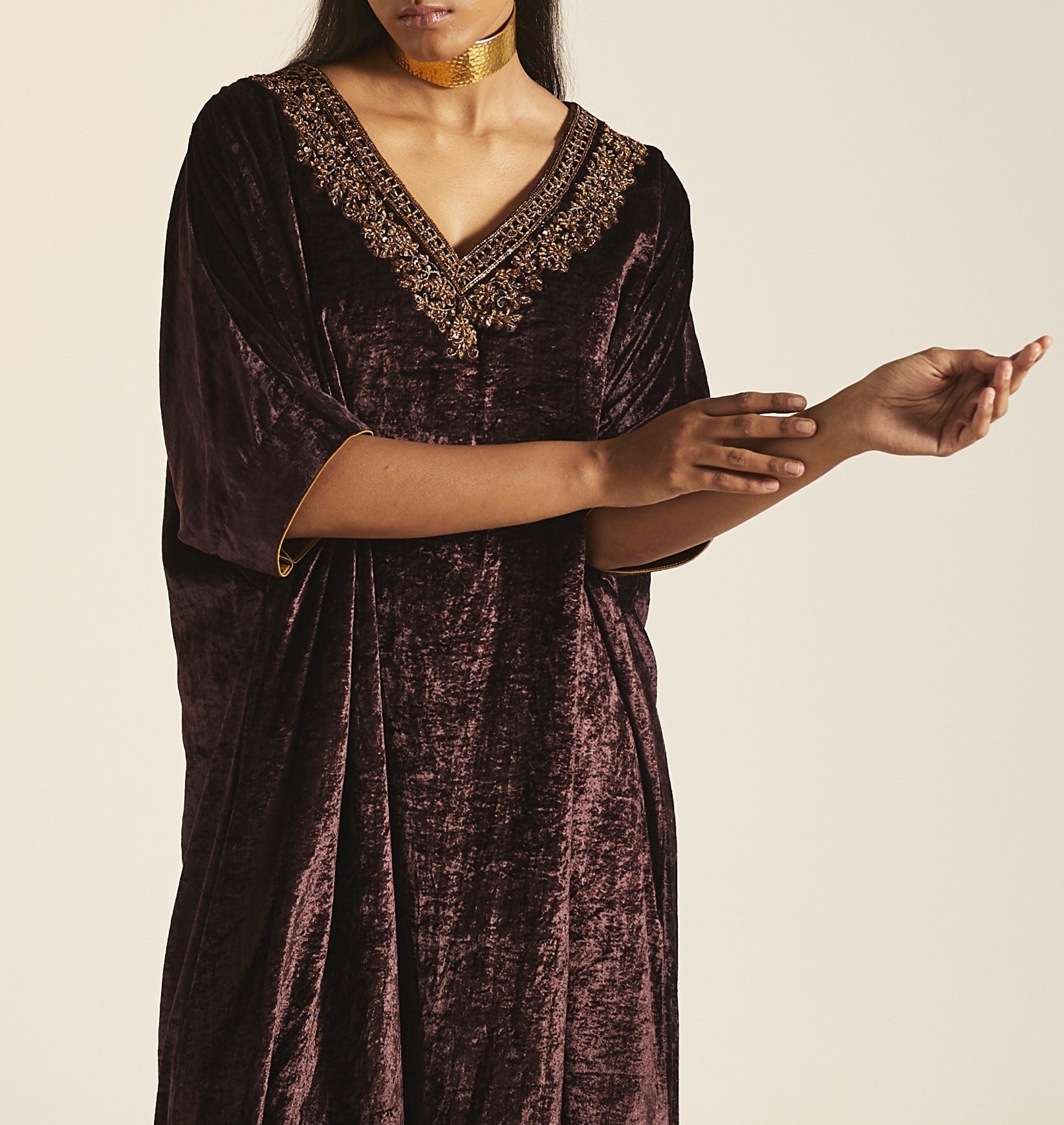 Shahi Kaftan in Wine Velvet