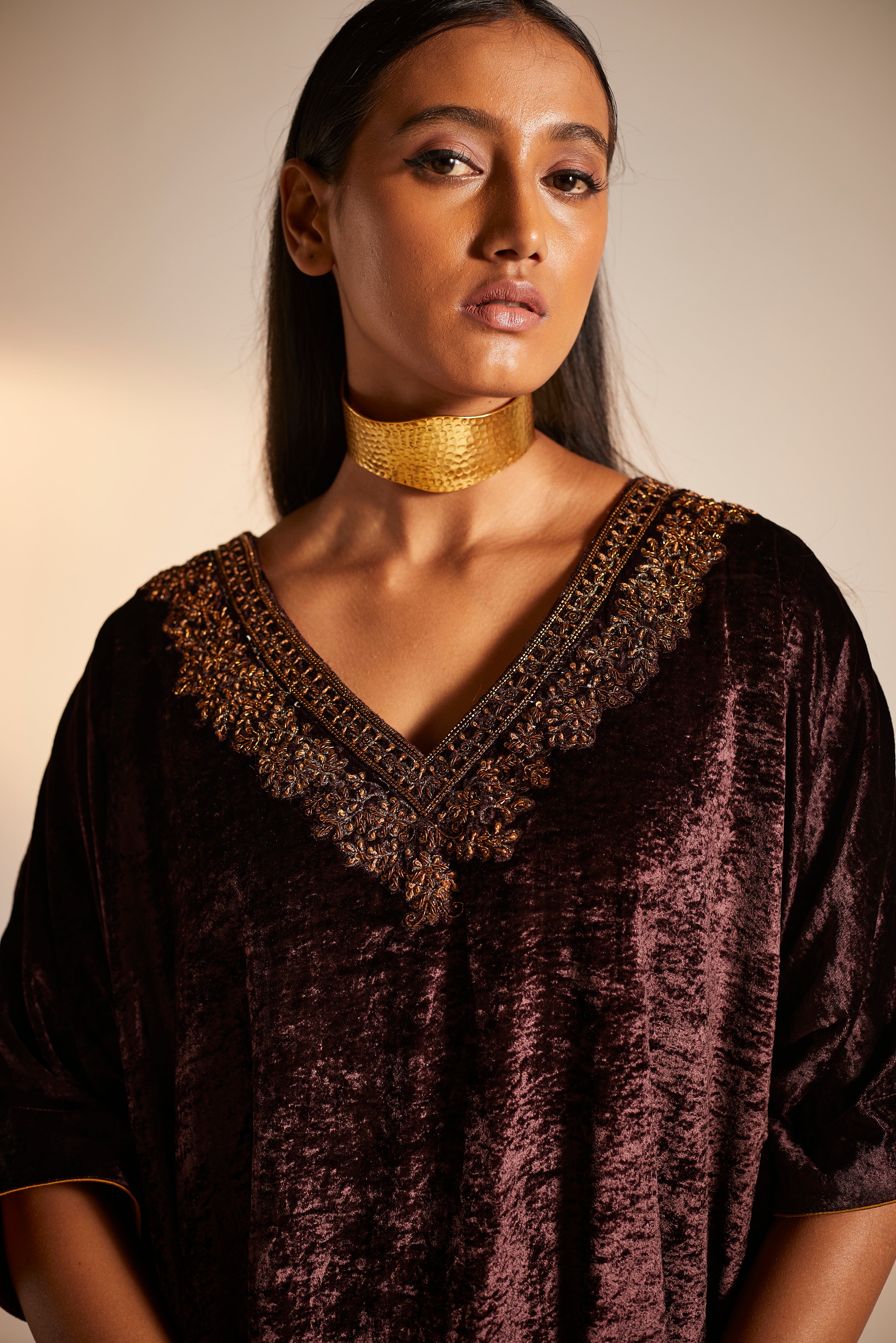 Shahi Kaftan in Wine Velvet
