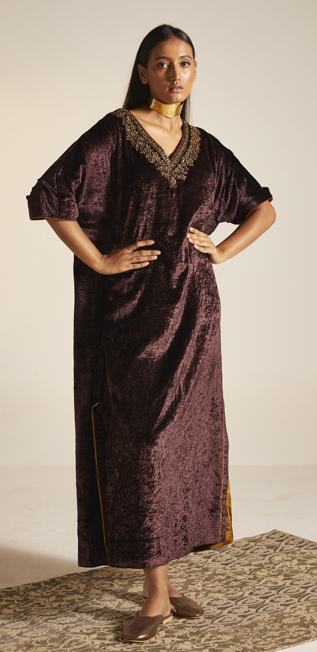 Shahi Kaftan in Wine Velvet