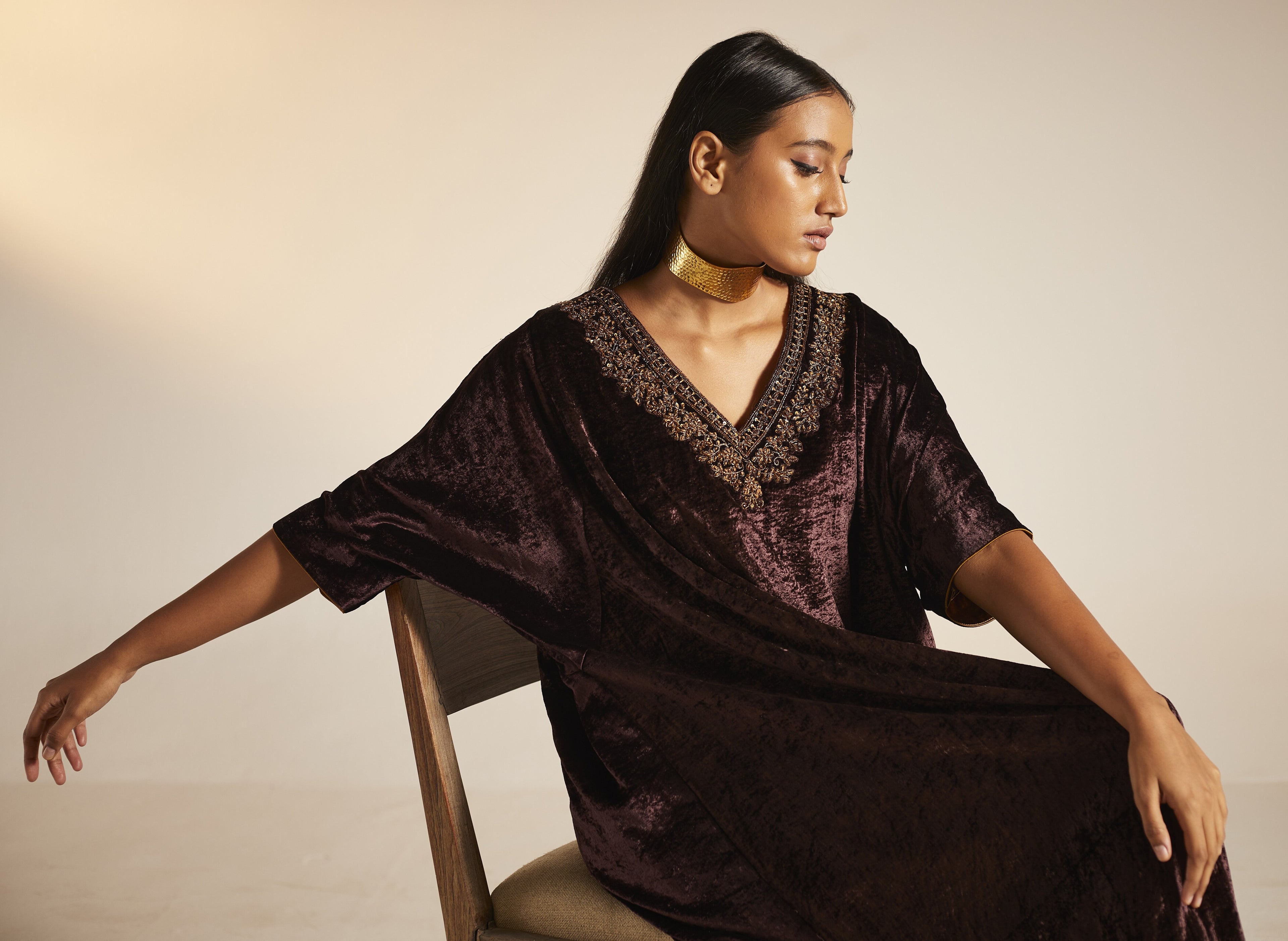 Shahi Kaftan in Wine Velvet
