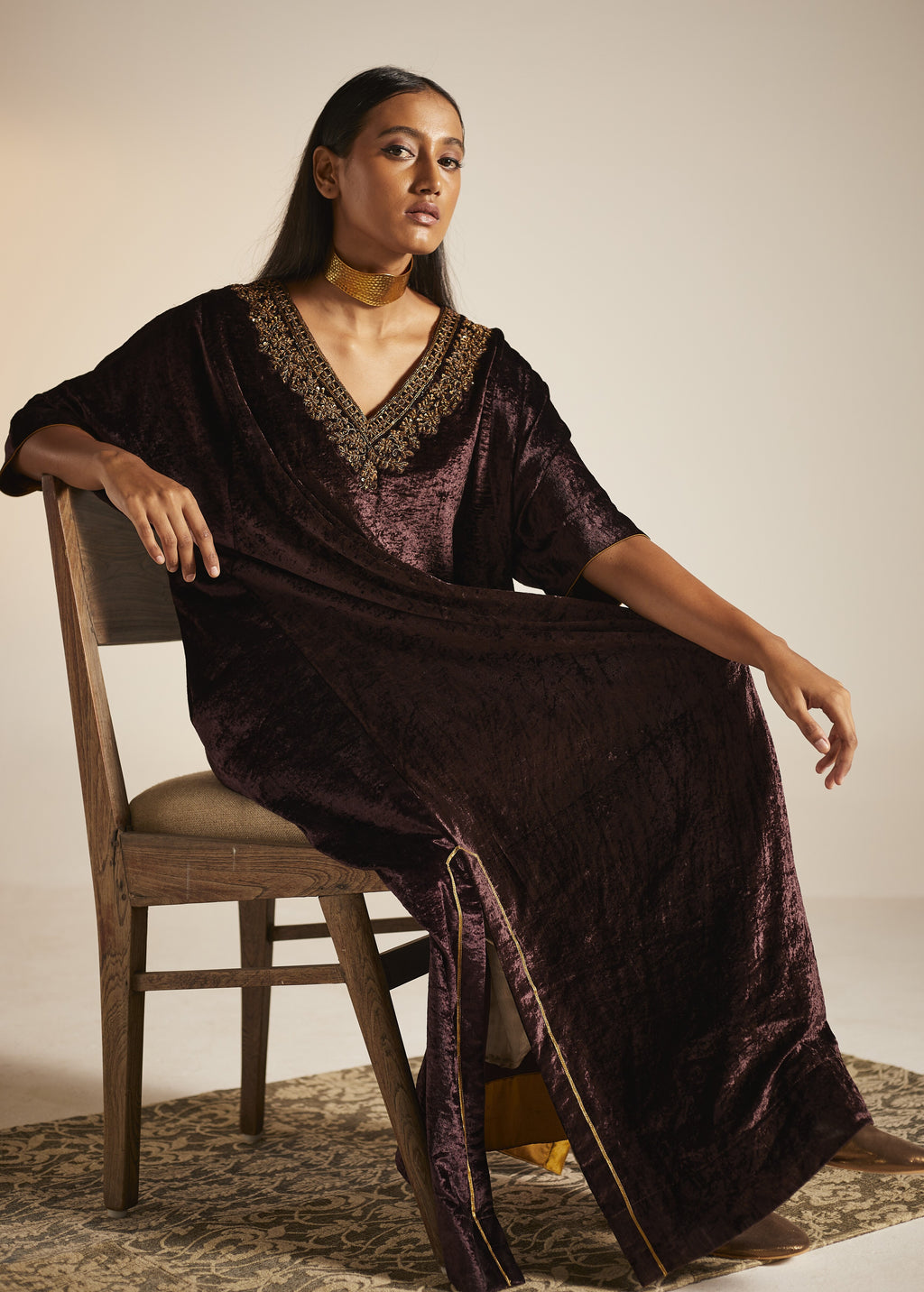 Shahi Kaftan in Wine Velvet