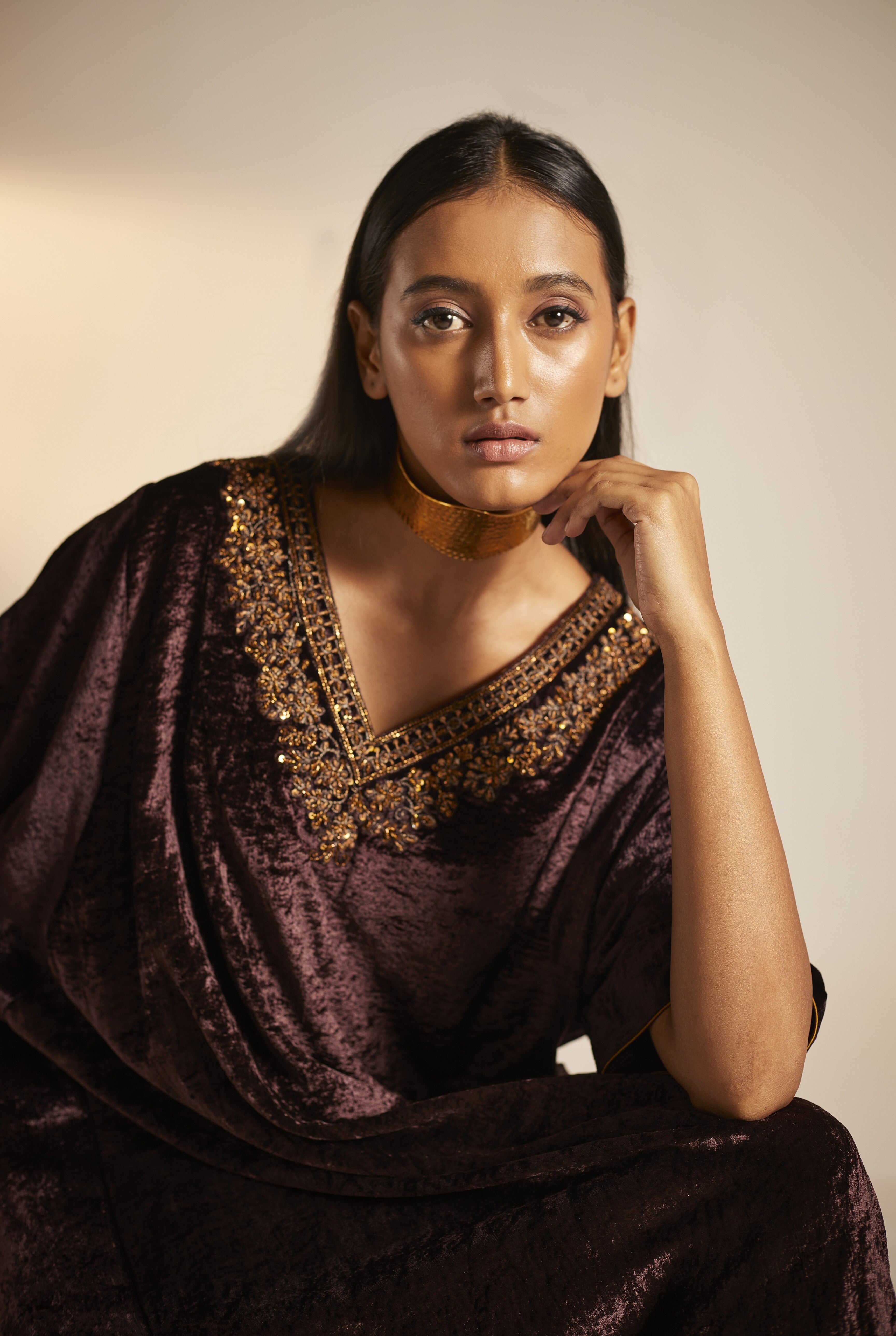 Shahi Kaftan in Wine Velvet