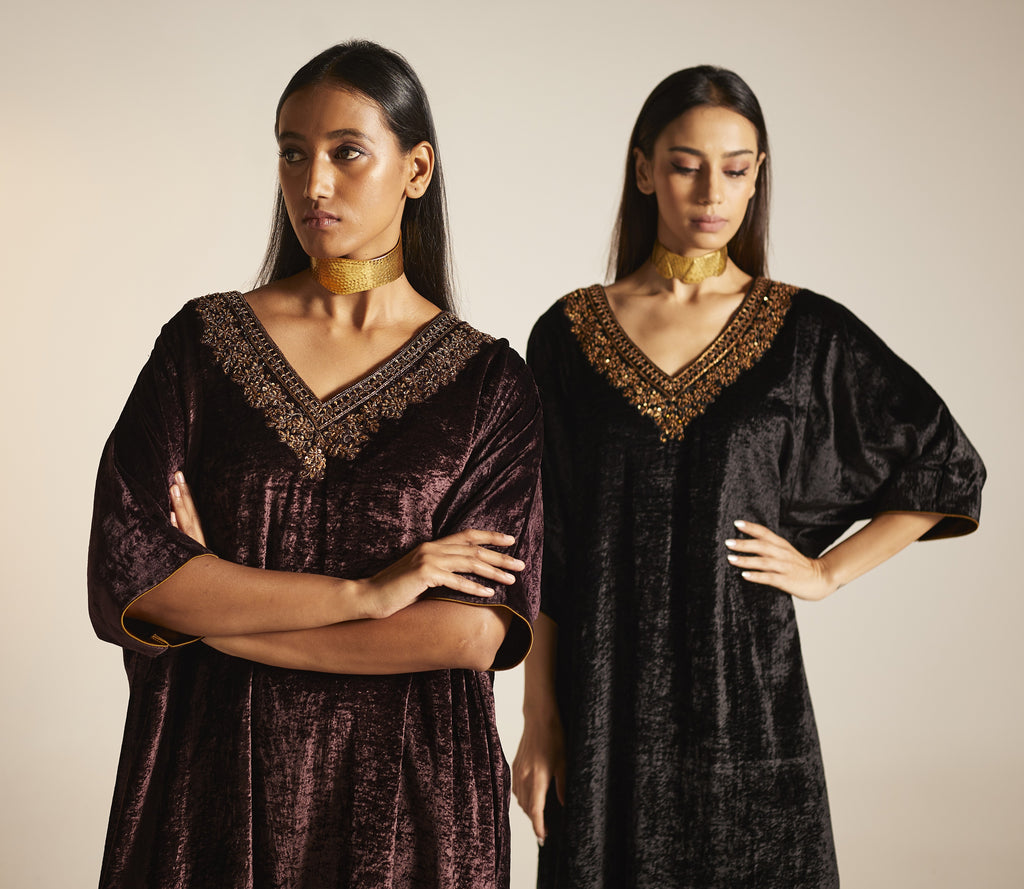Shahi Kaftan in Wine Velvet