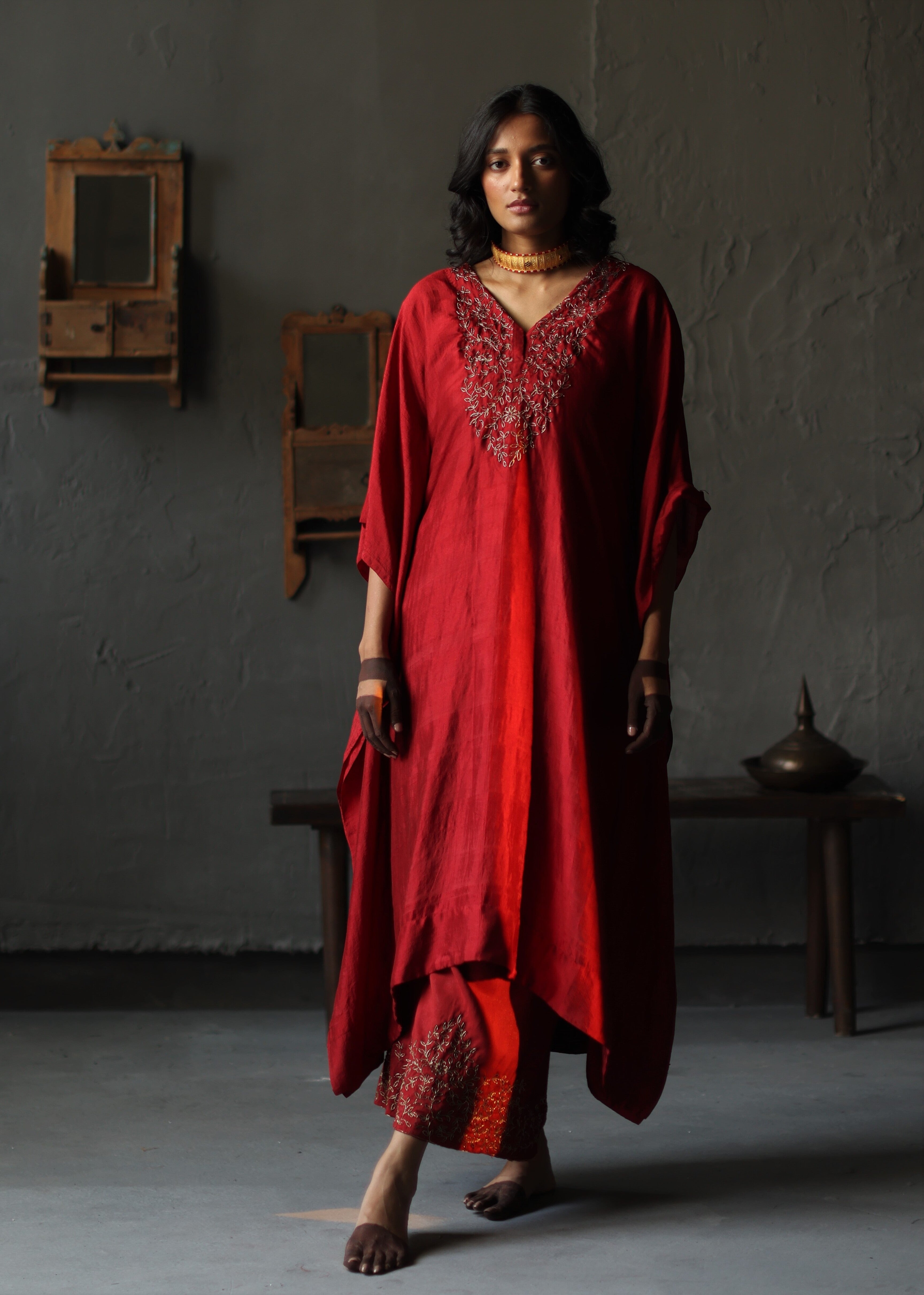 Nushka Kaftan in Ruby Red Silk with farshi.