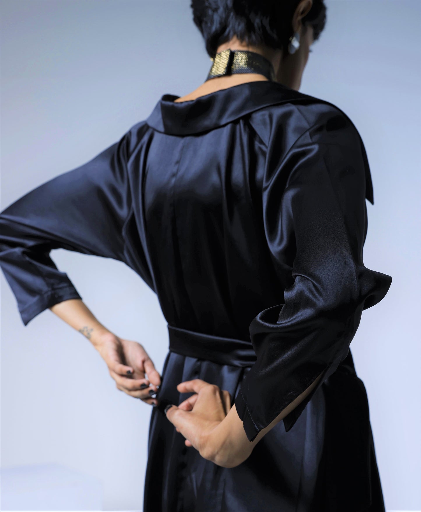 Cowl Jumpsuit in Black Silky Satin