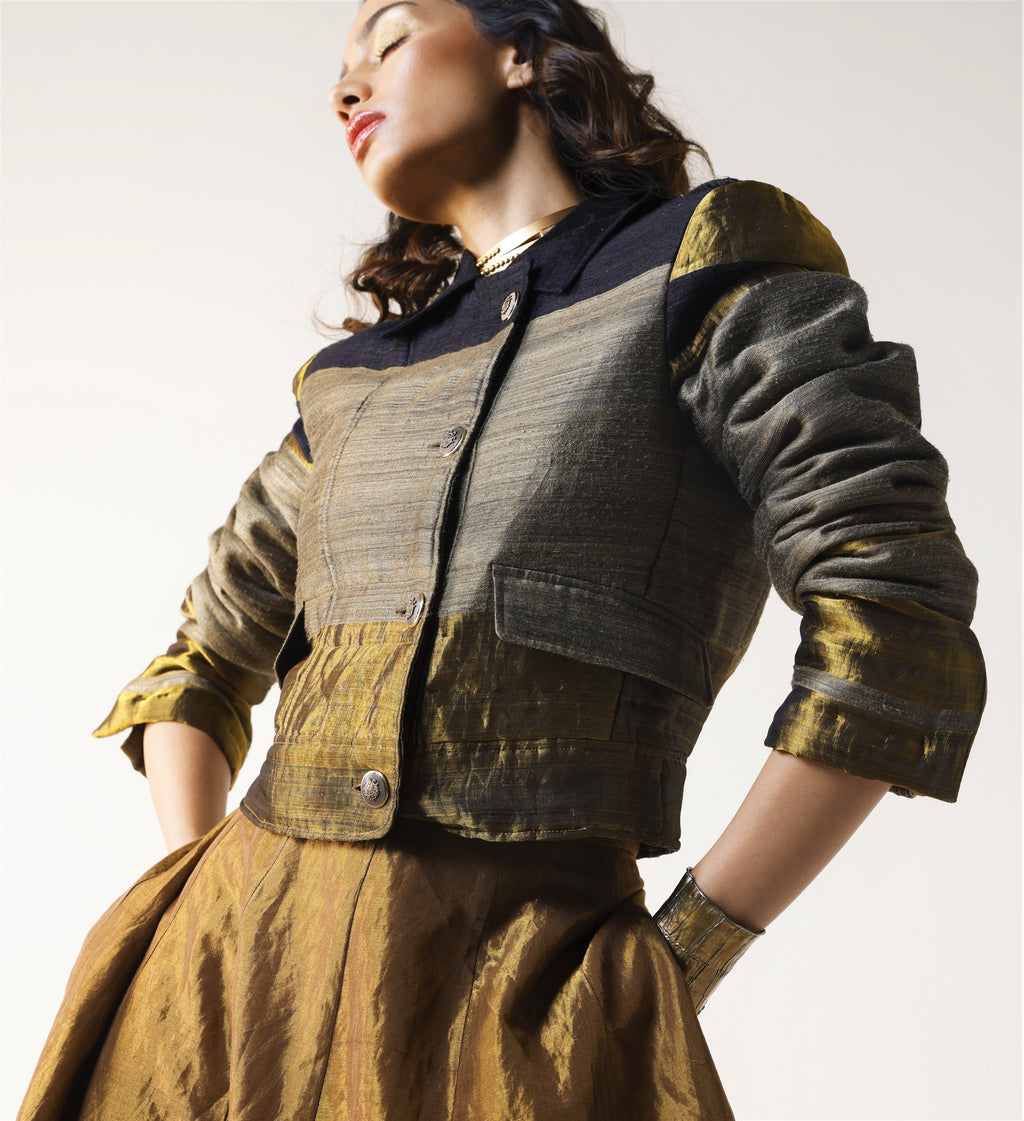 MJ jacket in Black & Gold Handwoven Silk
