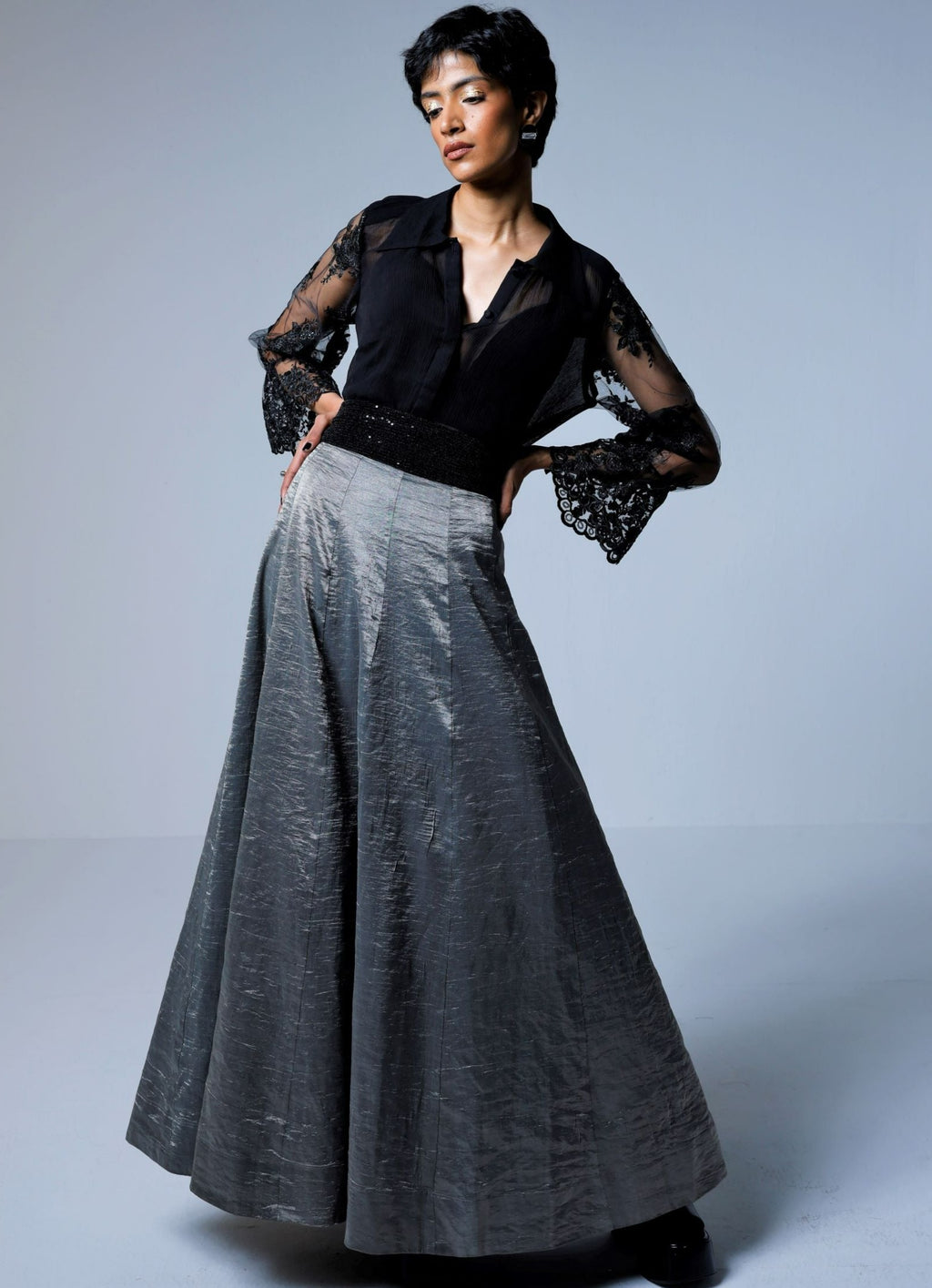 Panels Skirt in Silver grey Tissue