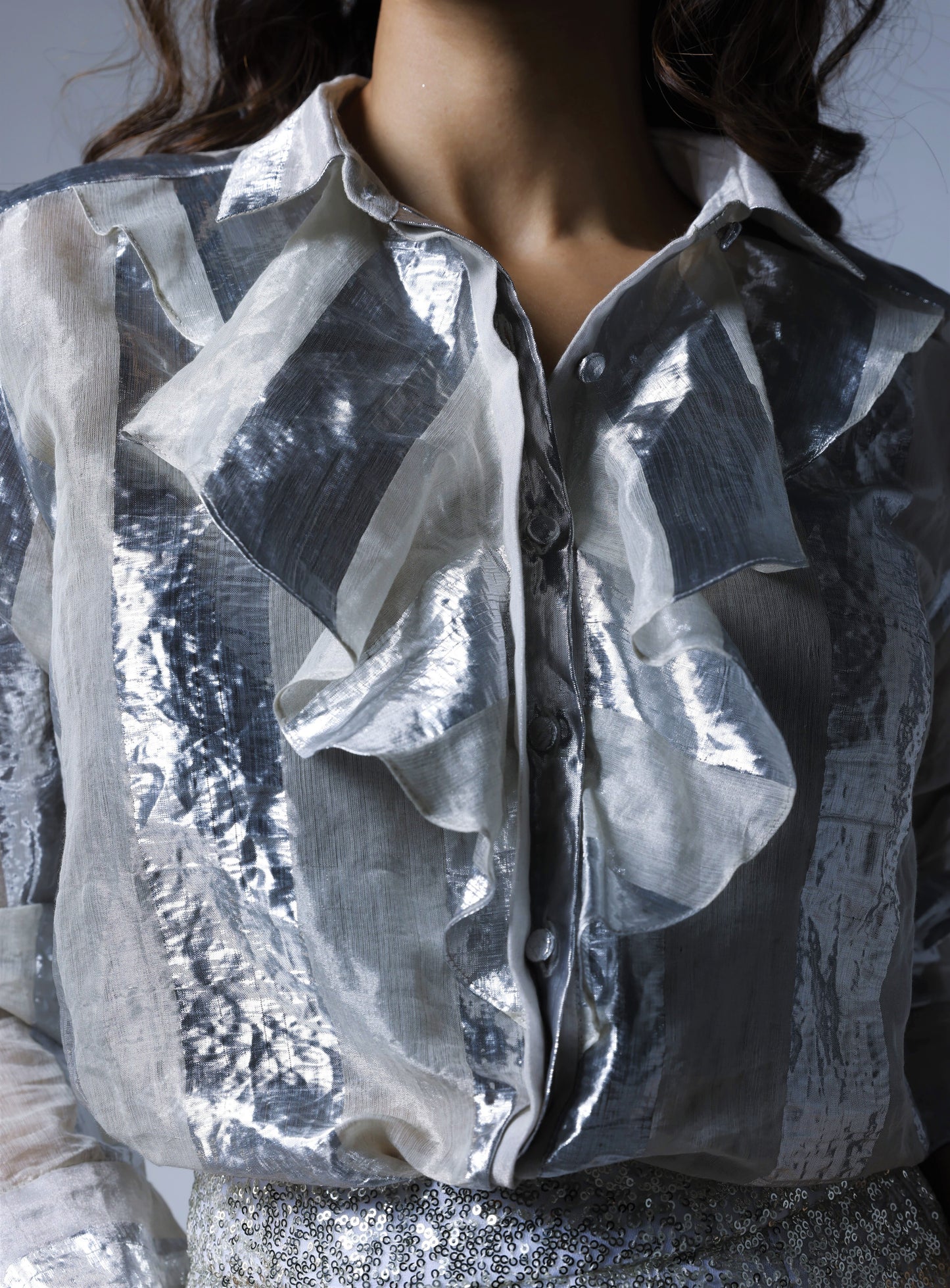 Ruffle Shirt in Silver Lurex Stripes Tissue