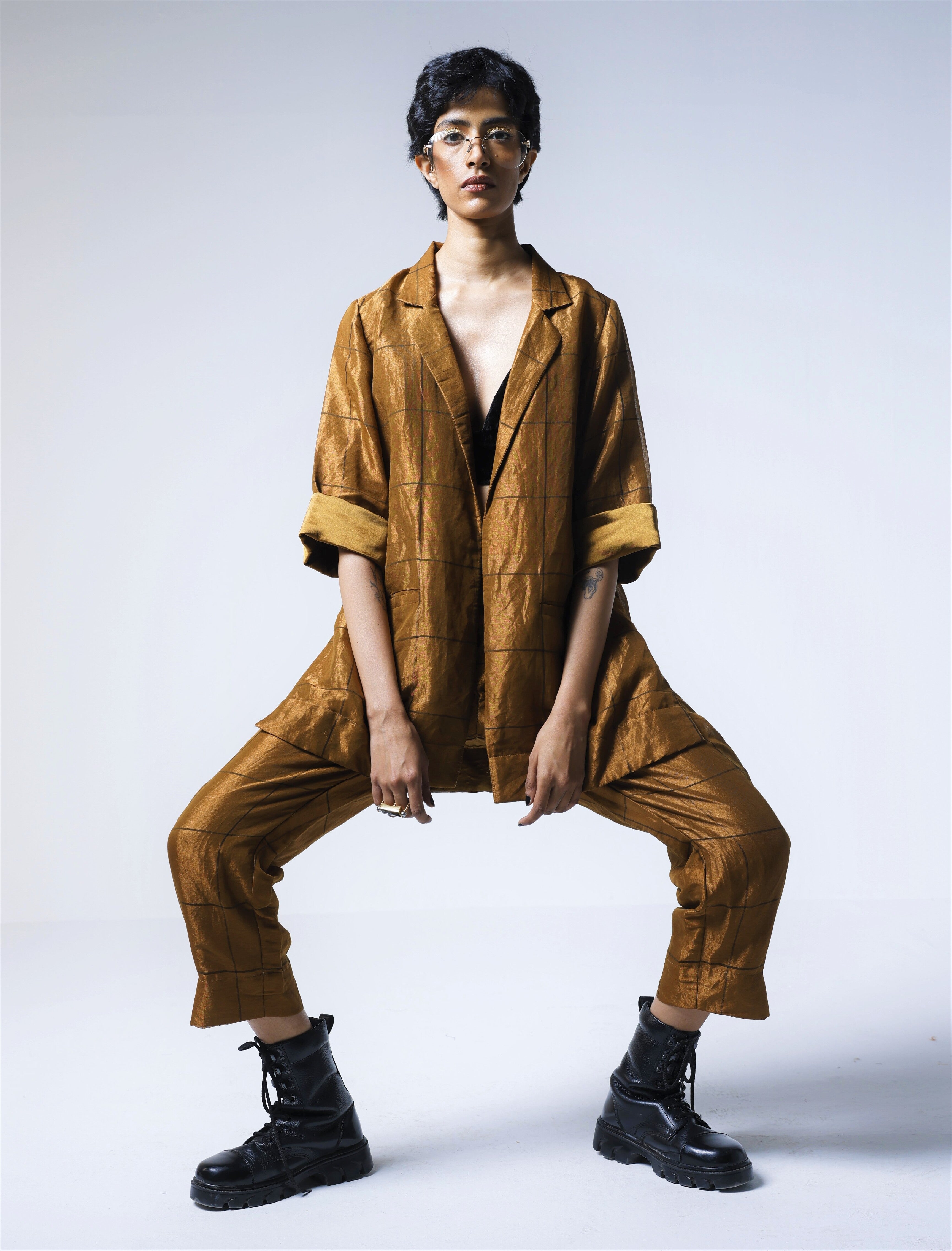 Oversized Blazer & Cigarette Pants in Table checks Copper Tissue