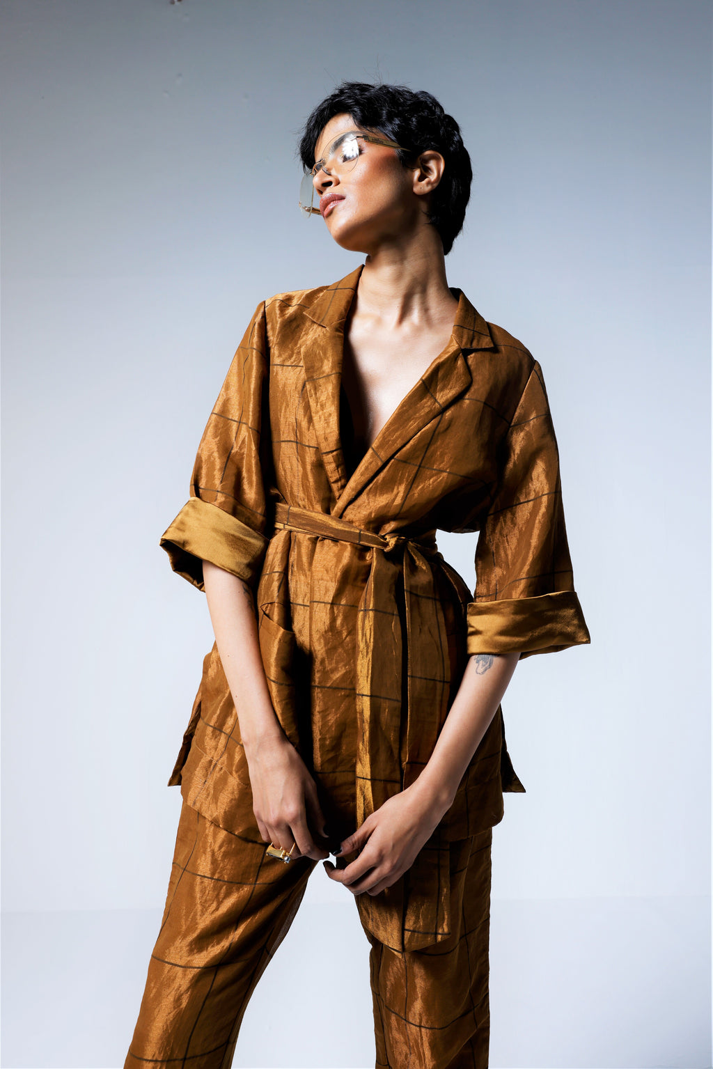 Oversized Blazer & Cigarette Pants in Table checks Copper Tissue