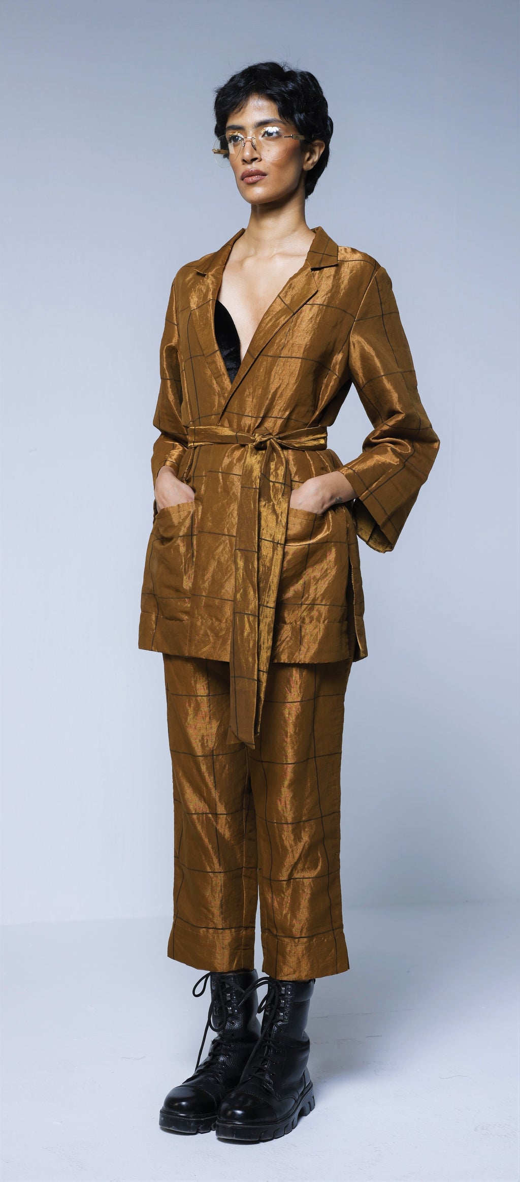 Oversized Blazer & Cigarette Pants in Table checks Copper Tissue