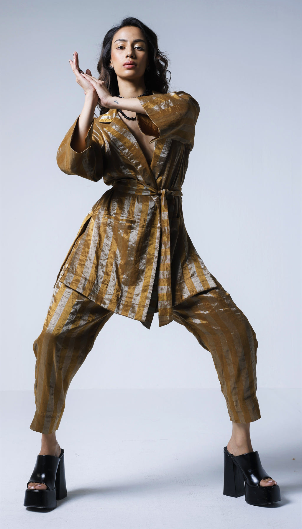 Oversized Blazer & Cigarette pants in Gold and Silver stripes Tissue