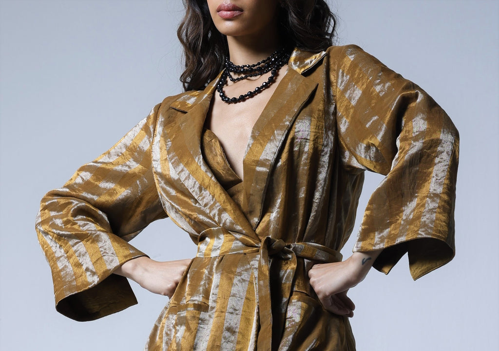 Oversized Blazer & Cigarette pants in Gold and Silver stripes Tissue