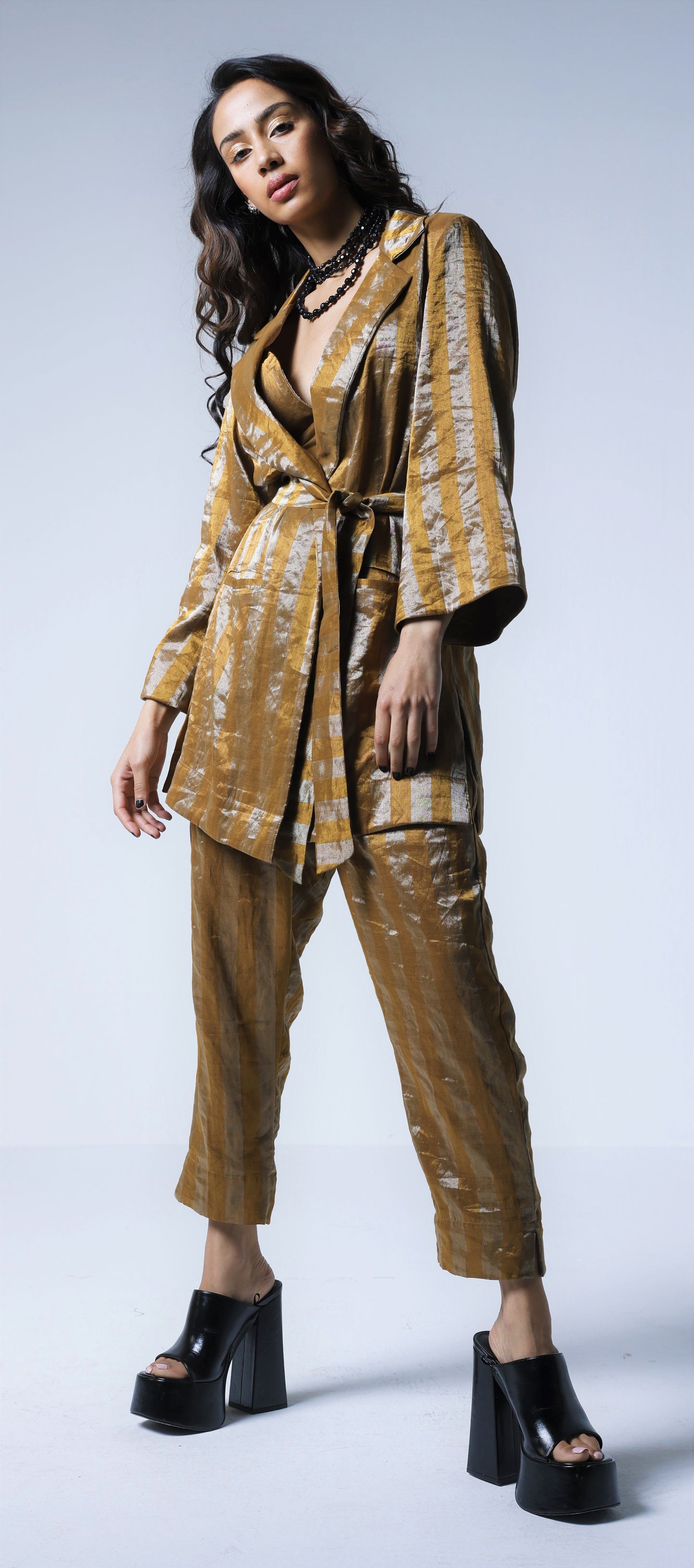 Oversized Blazer & Cigarette pants in Gold and Silver stripes Tissue