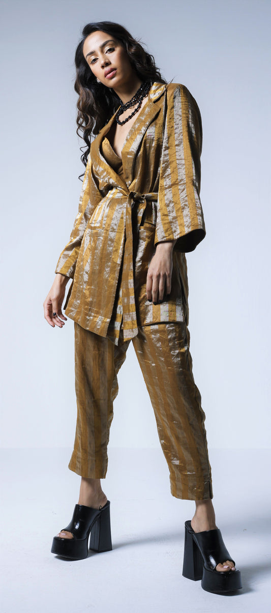 Oversized Blazer & Cigarette pants in Gold and Silver stripes Tissue