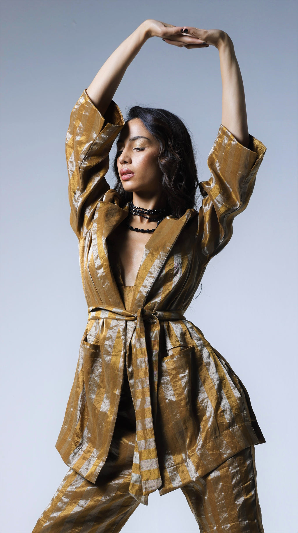 Oversized Blazer & Cigarette pants in Gold and Silver stripes Tissue