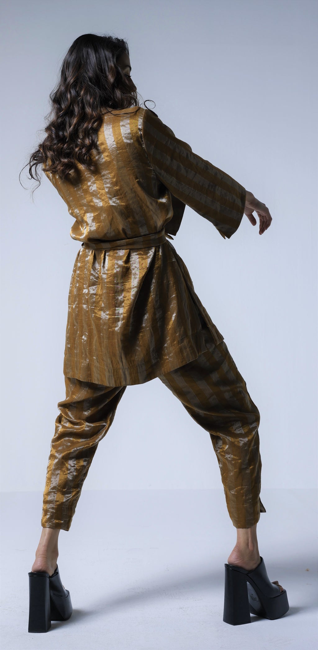 Oversized Blazer & Cigarette pants in Gold and Silver stripes Tissue