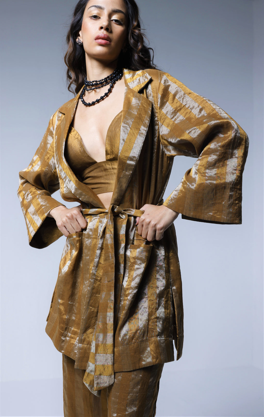 Oversized Blazer & Cigarette pants in Gold and Silver stripes Tissue