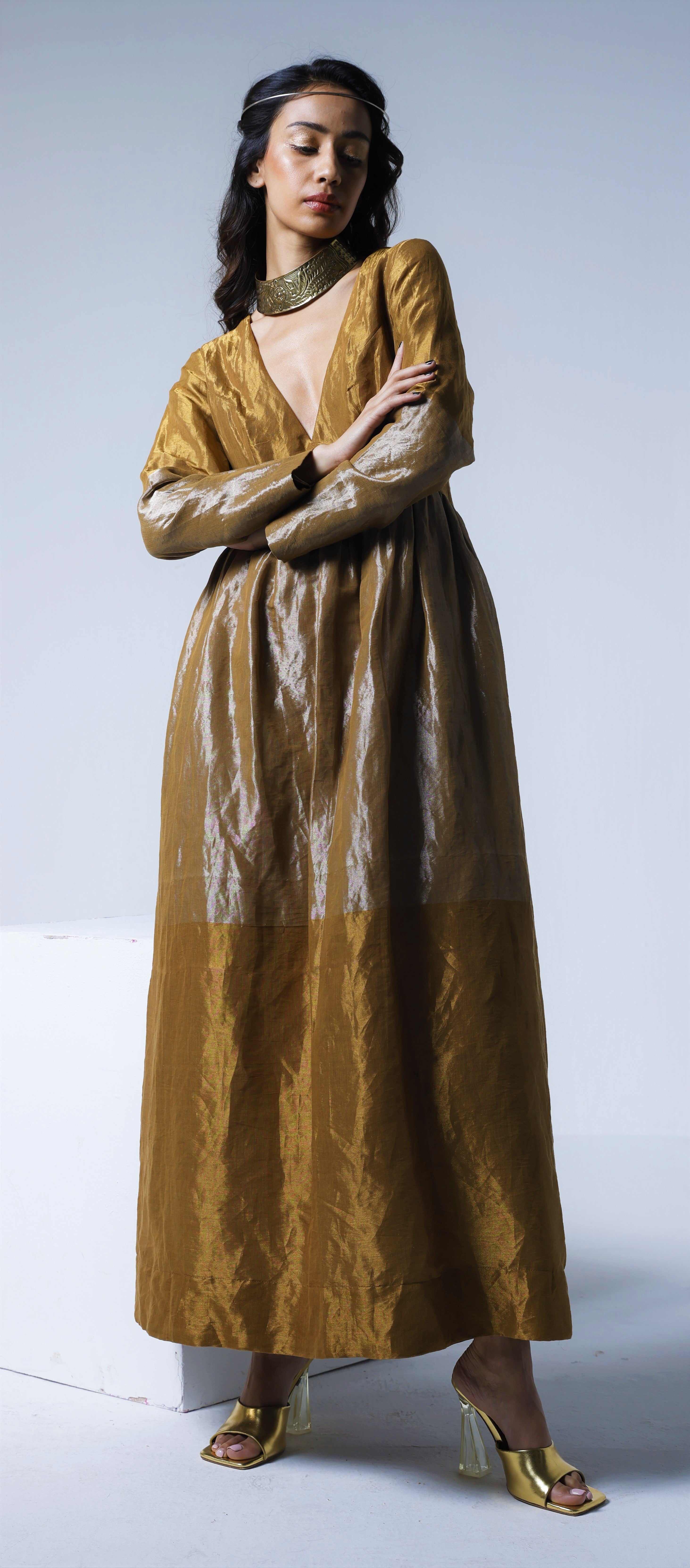 Maxi dress in Half & Half Copper gold & silver Tissue Shorshe Clothing Maxi dress in Half & Half Copper gold & silver Tissue Shorshe Clothing