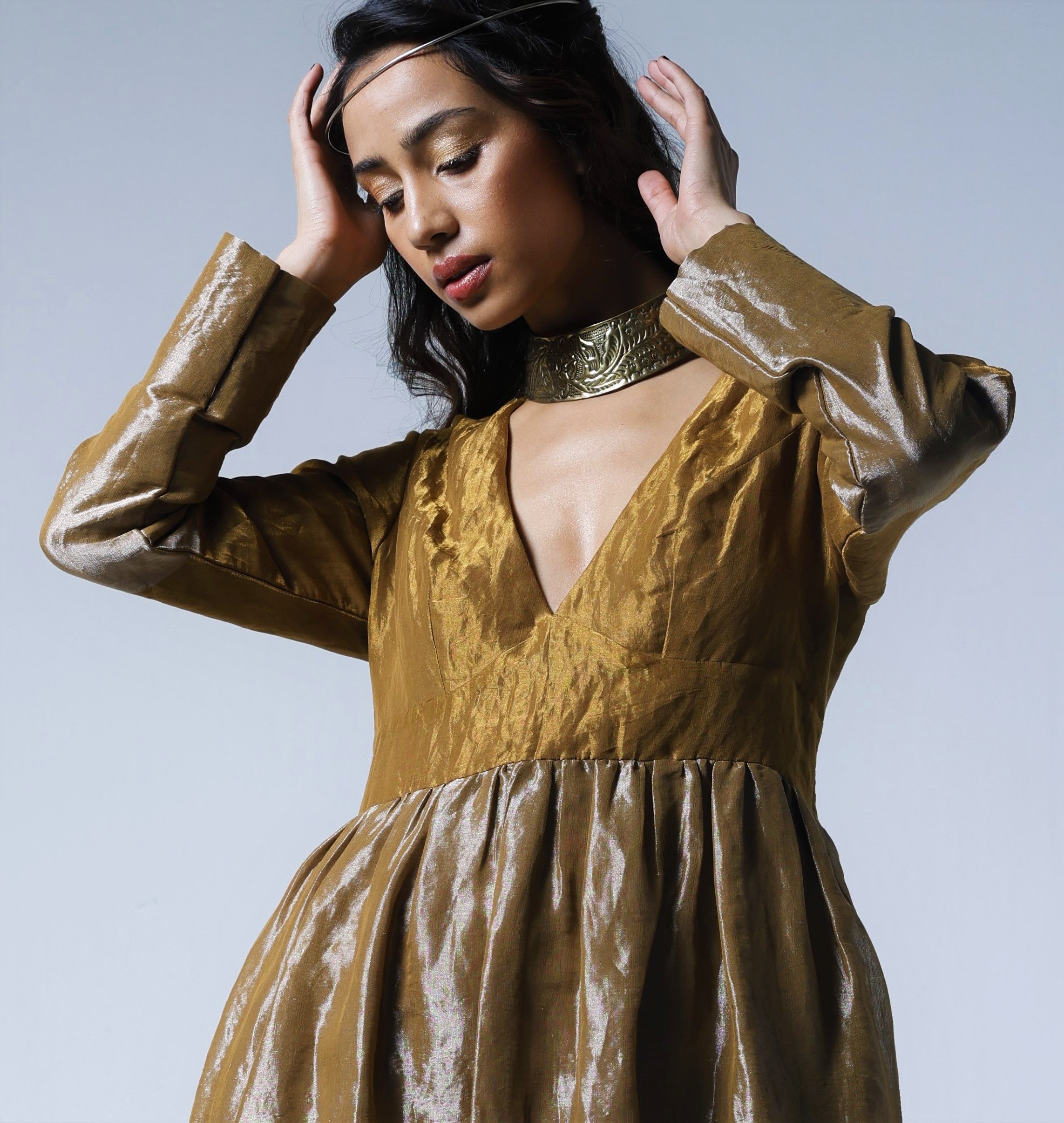 Maxi dress in Half & Half Copper gold & silver Tissue