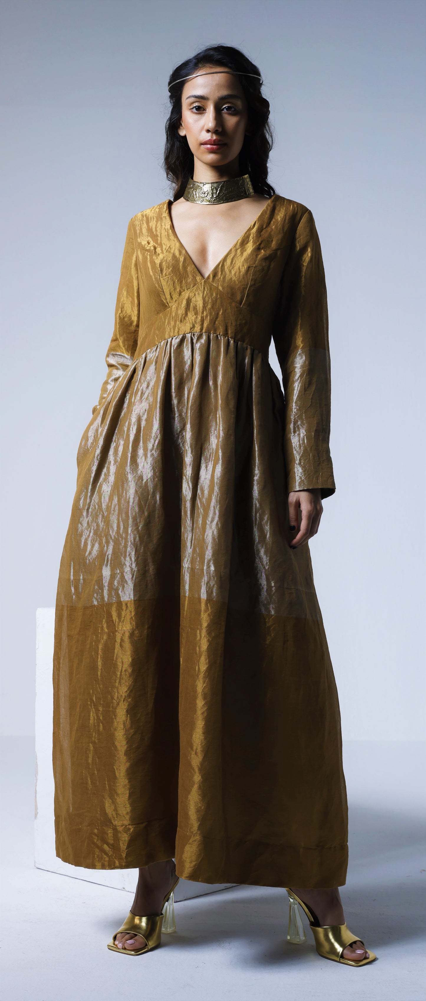 Maxi dress in Half & Half Copper gold & silver Tissue