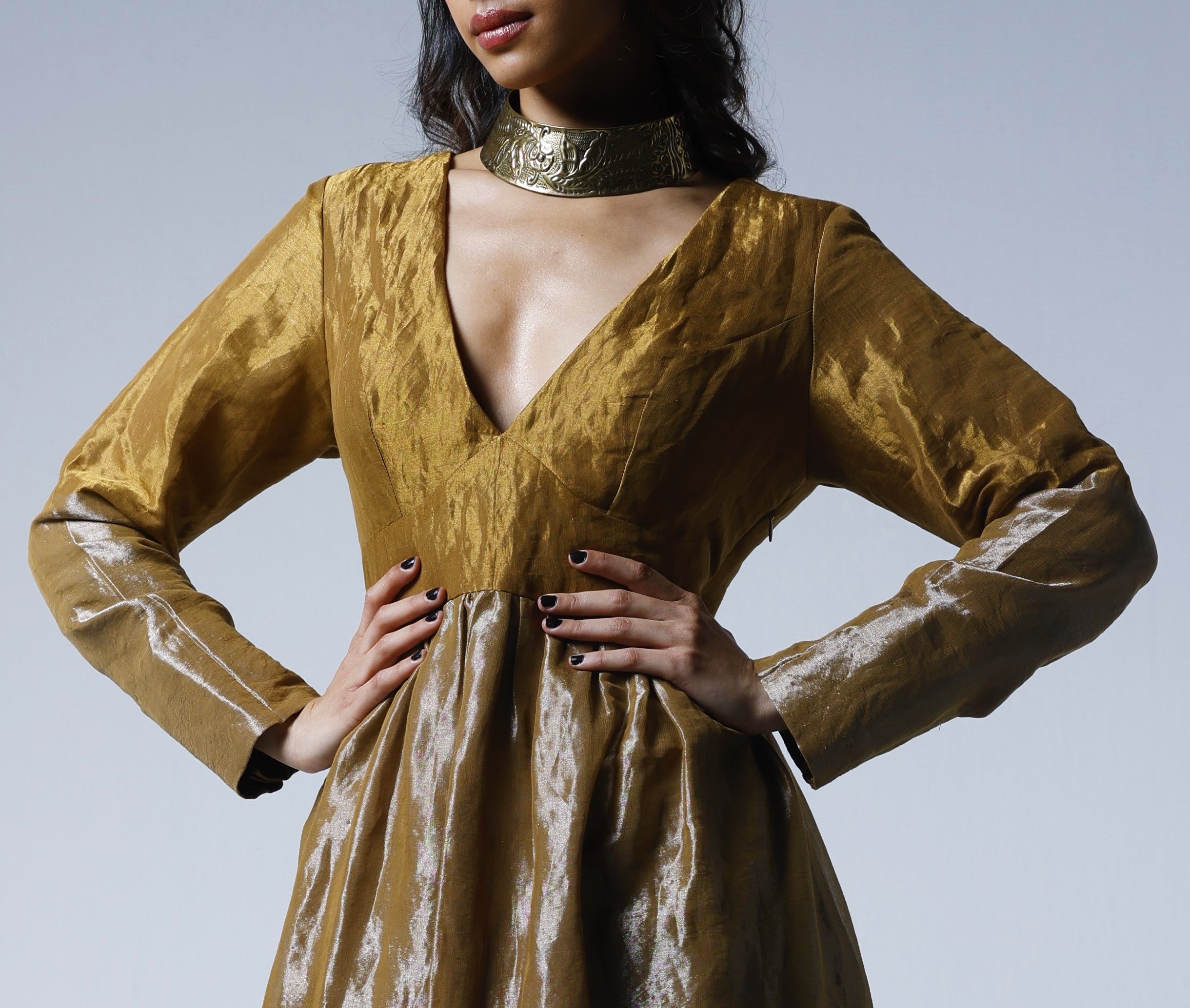 Maxi dress in Half & Half Copper gold & silver Tissue