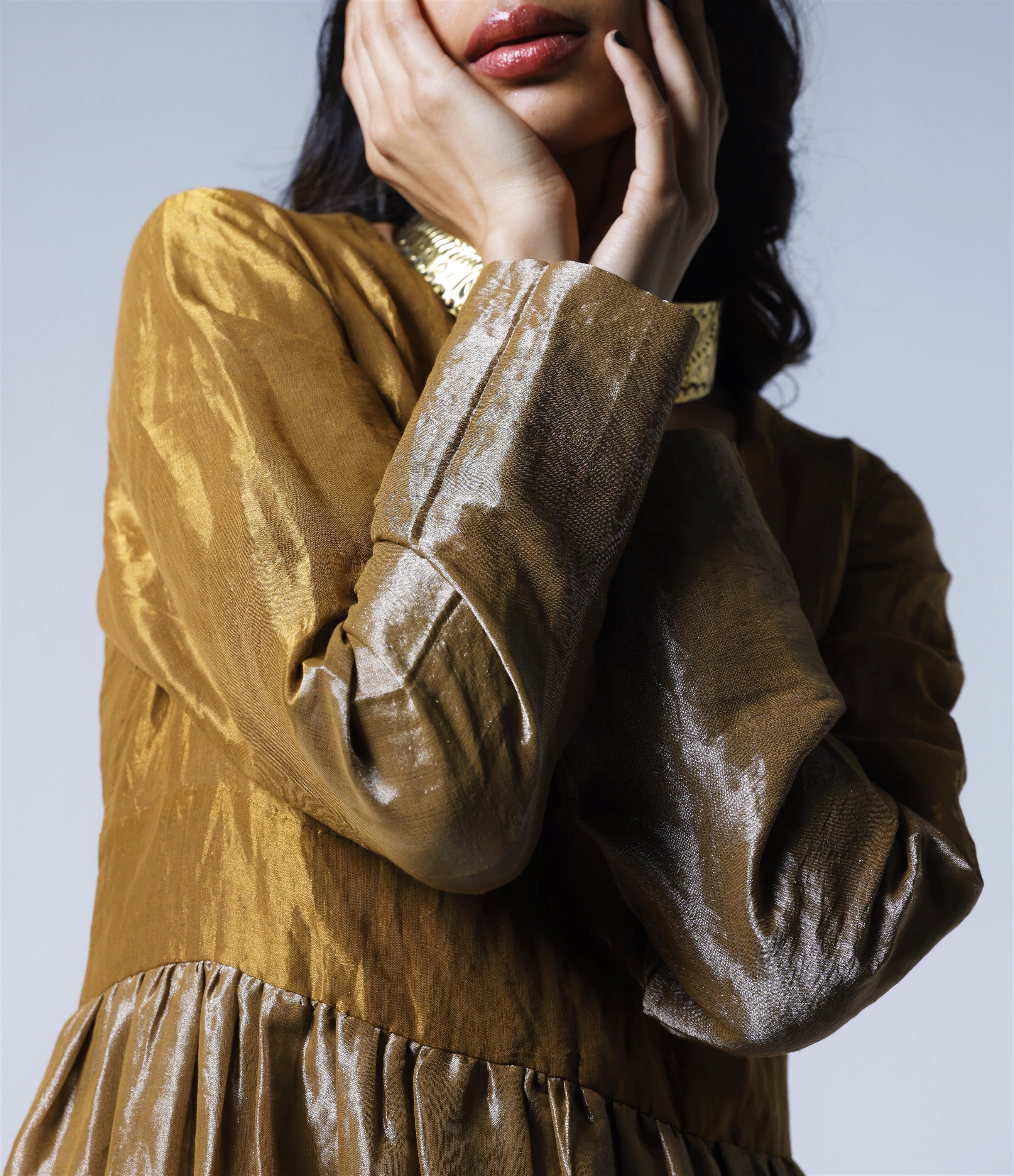 Maxi dress in Half & Half Copper gold & silver Tissue