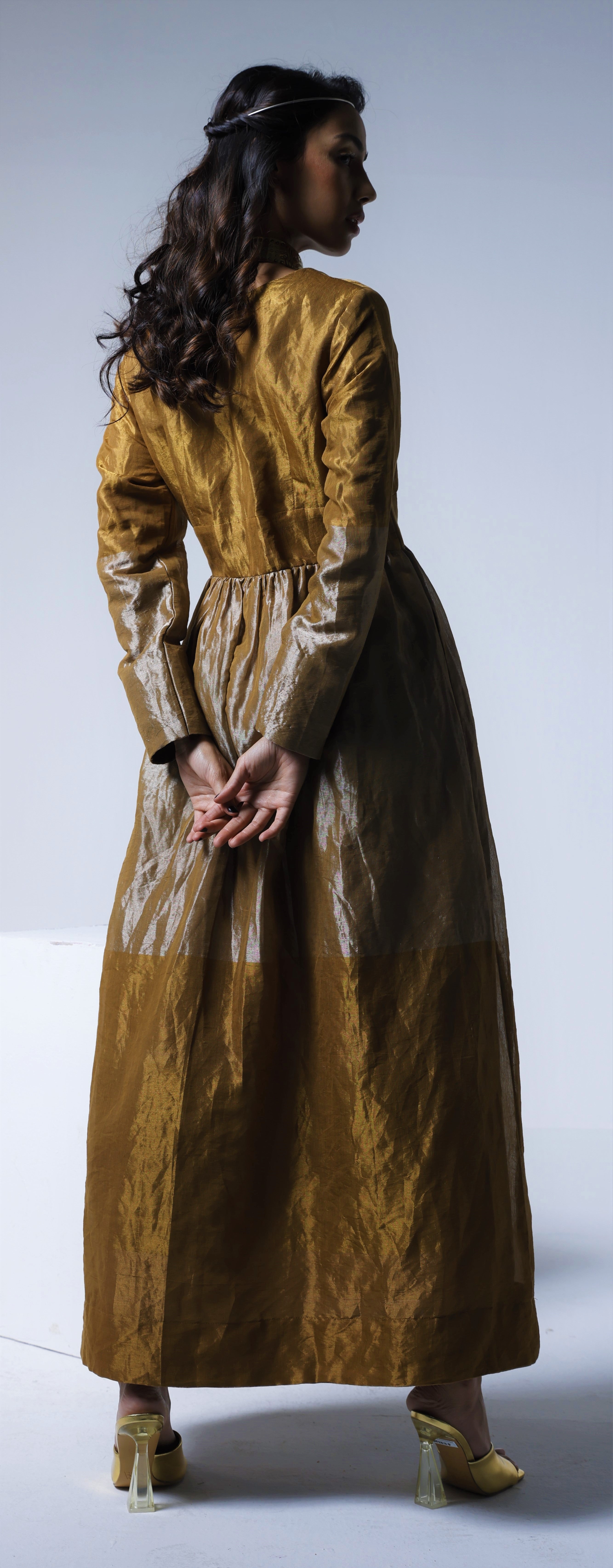 Maxi dress in Half & Half Copper gold & silver Tissue Shorshe Clothing Maxi dress in Half & Half Copper gold & silver Tissue Shorshe Clothing