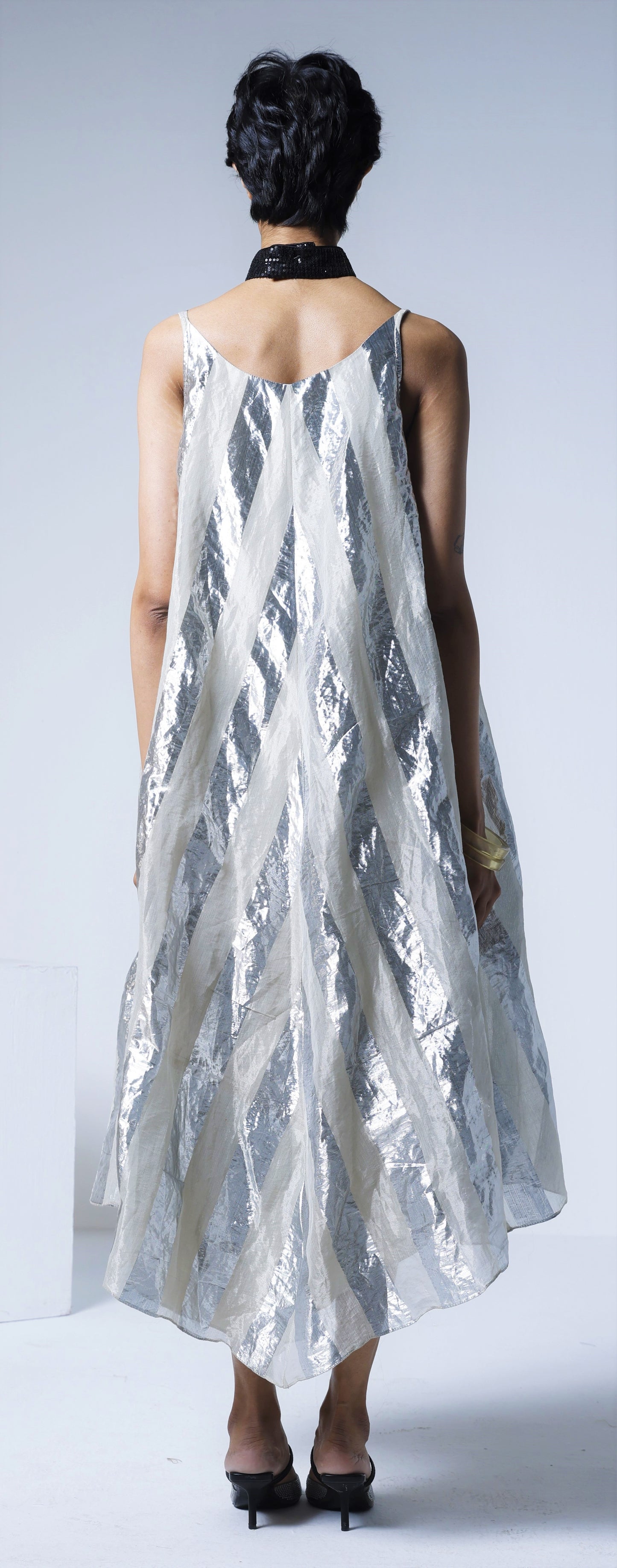 Goa Dress in Silver Lurex Stripes Tissue