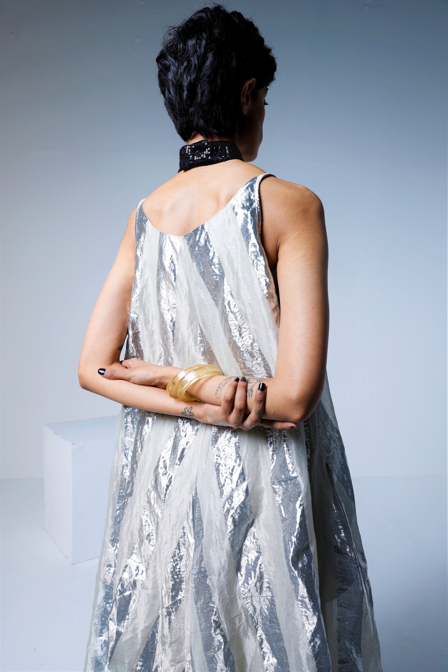 Goa Dress in Silver Lurex Stripes Tissue