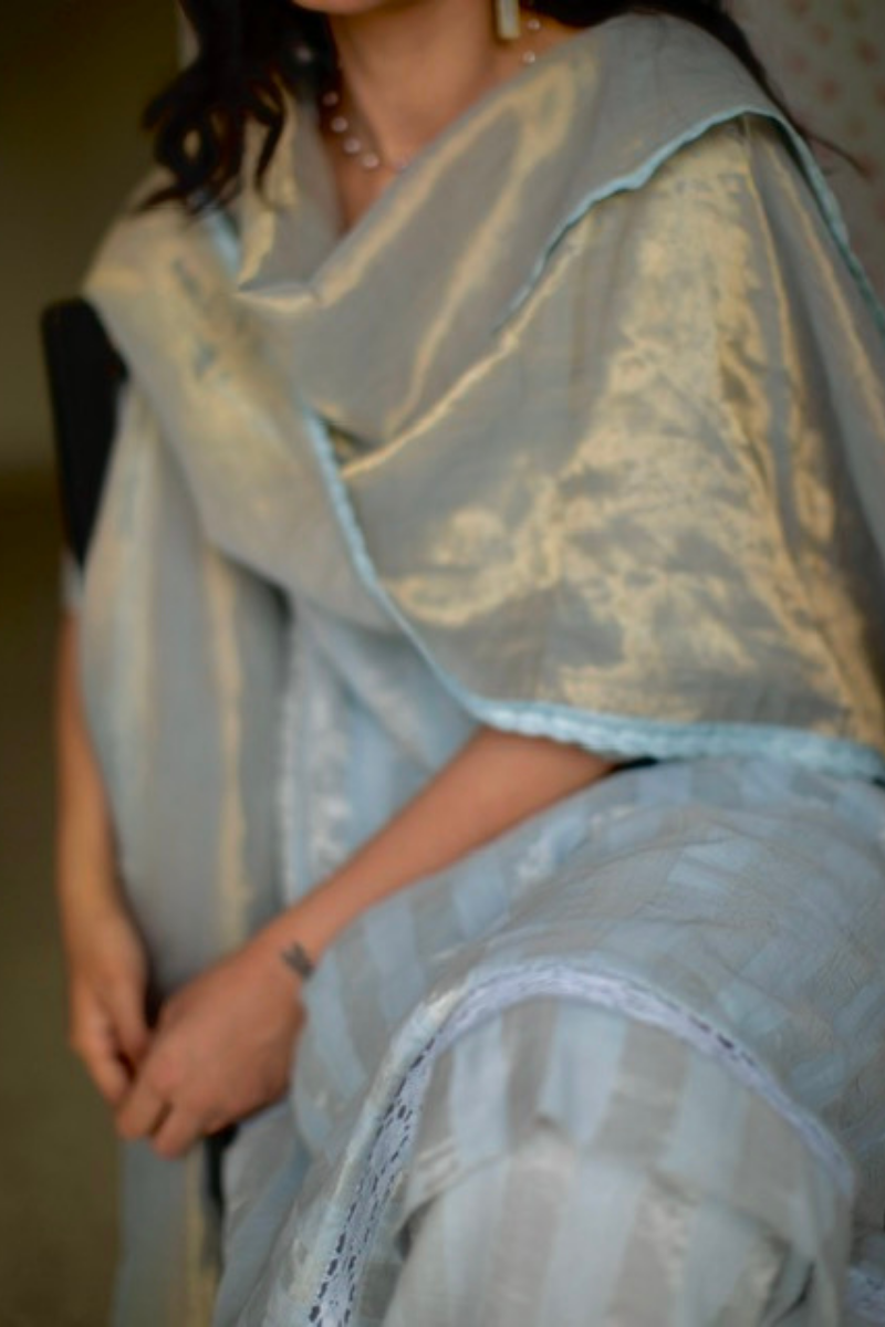 Maxi Kurta In Aqua Blue Handloom Zari Striped Chanderi With Salwar