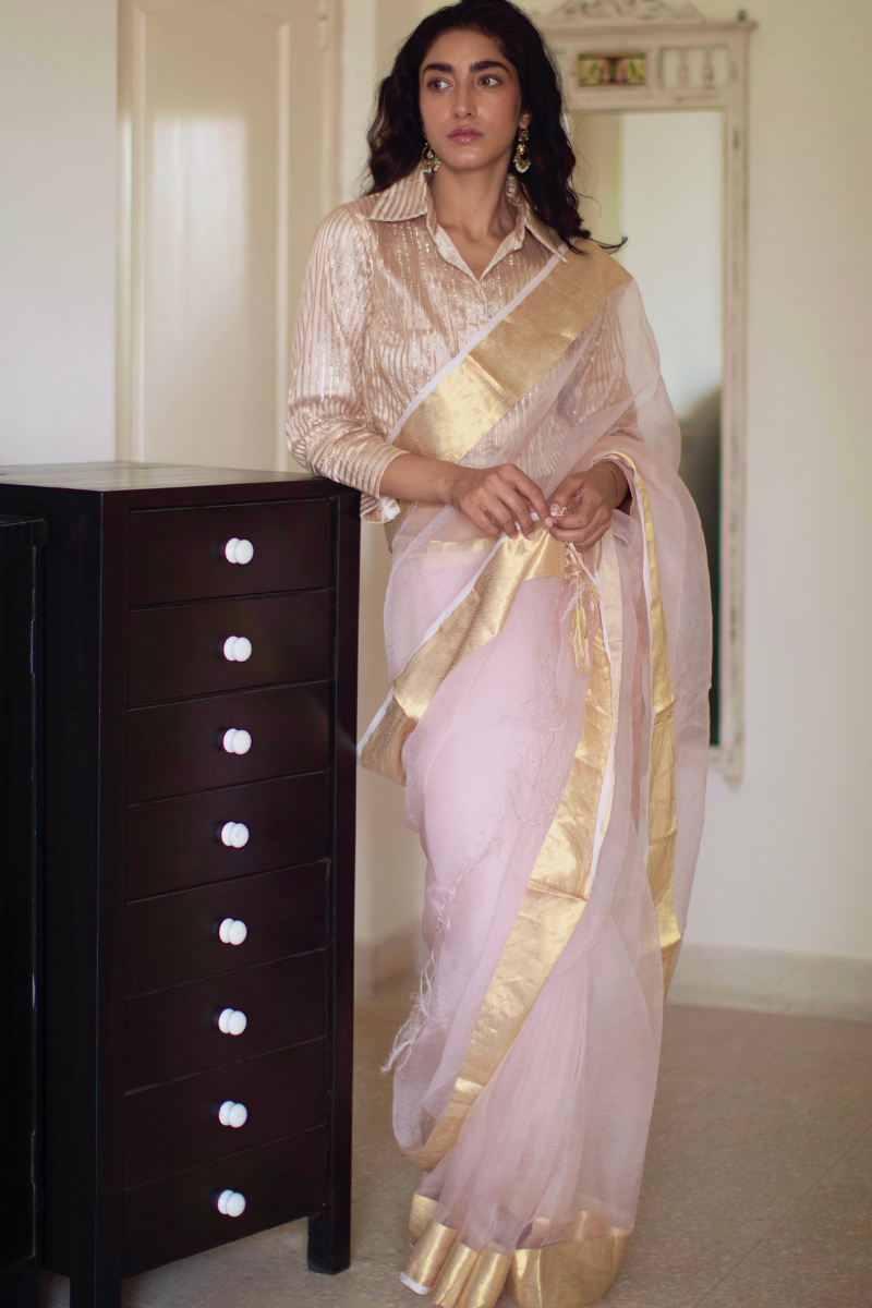 Shirt Blouse In Shell Pink Gota Net Striped