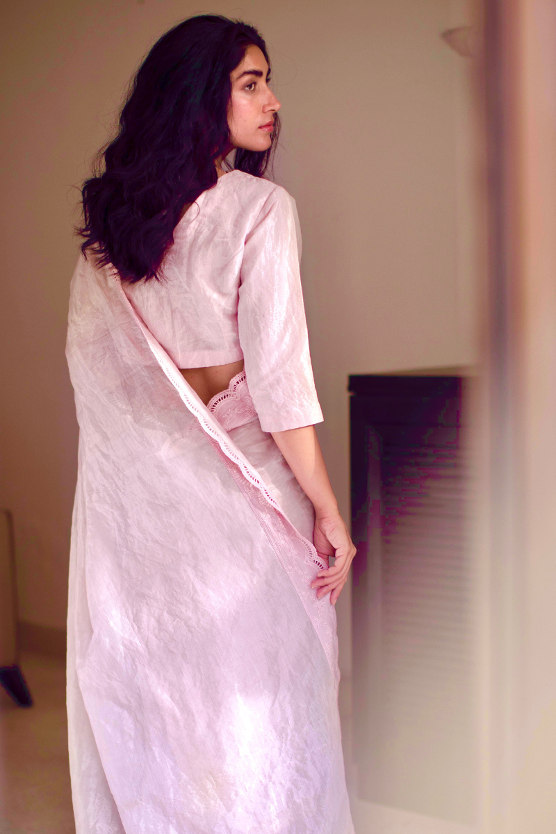 Nina Blouse In Shell Pink Handwoven Tissue.