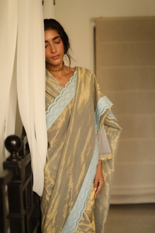 Sari In Pale Blue Gold Handwoven Tissue
