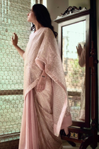 Sari In Shell Pink Gota Net With Chanderi
