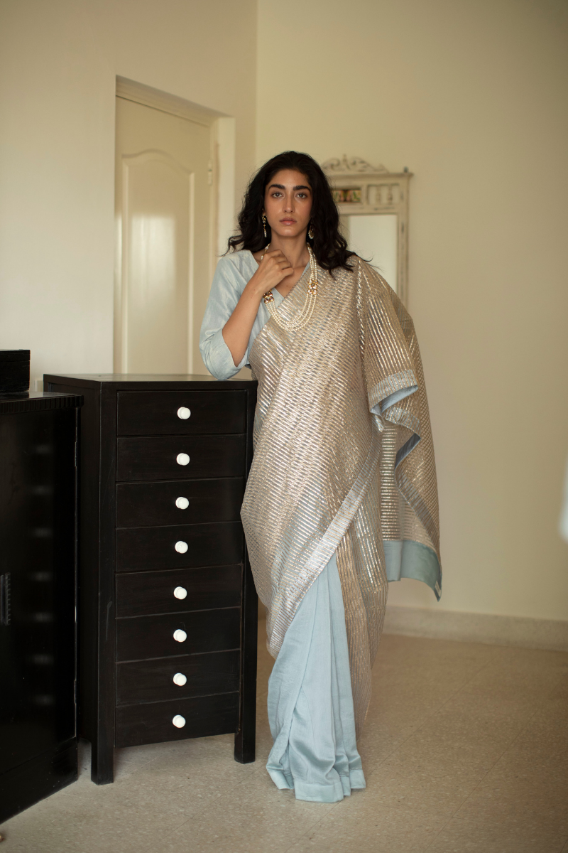 Sari In Aqua Blue Gota Net With Chanderi