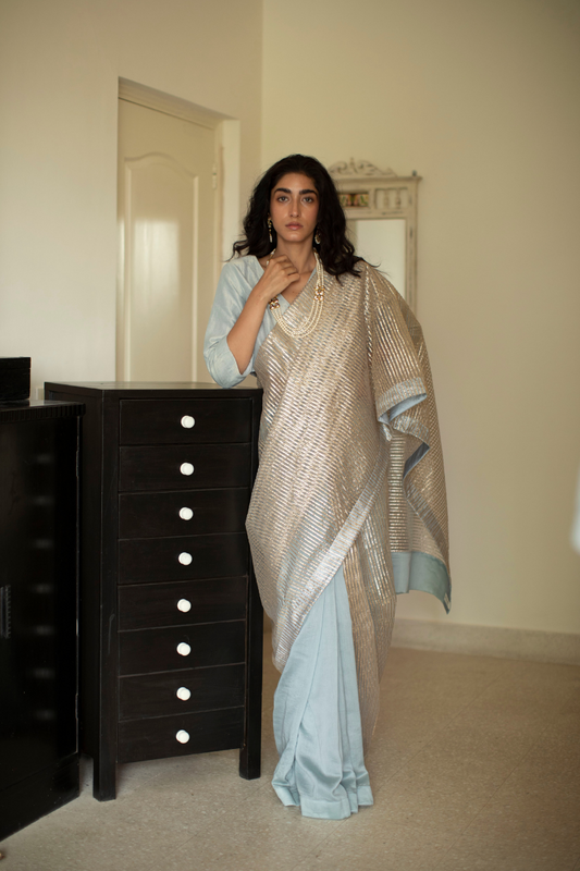 Sari In Aqua Blue Gota Net With Chanderi